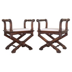 Pair of French Carved Wood and Linen Stools