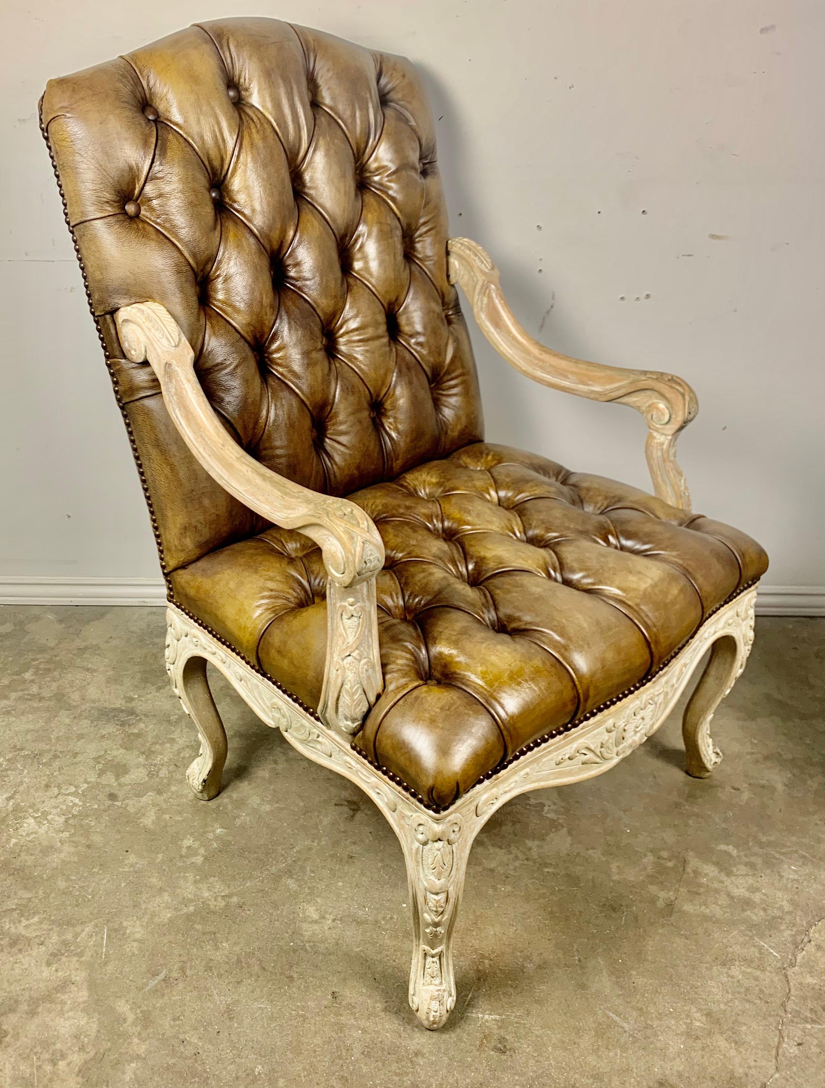 Pair of French Carved Wood Leather Tufted Armchairs 9