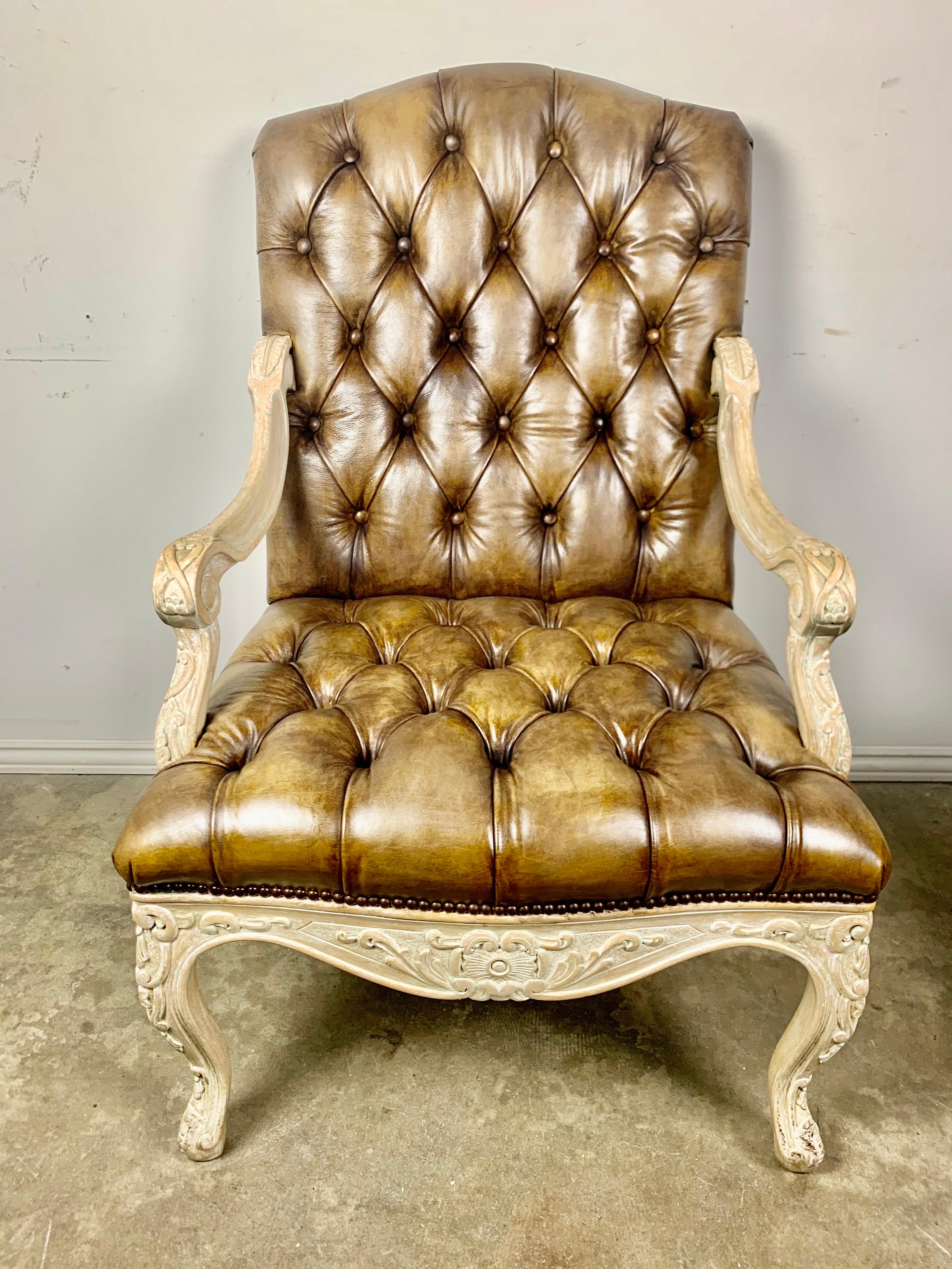 Pair of French Carved Wood Leather Tufted Armchairs 1