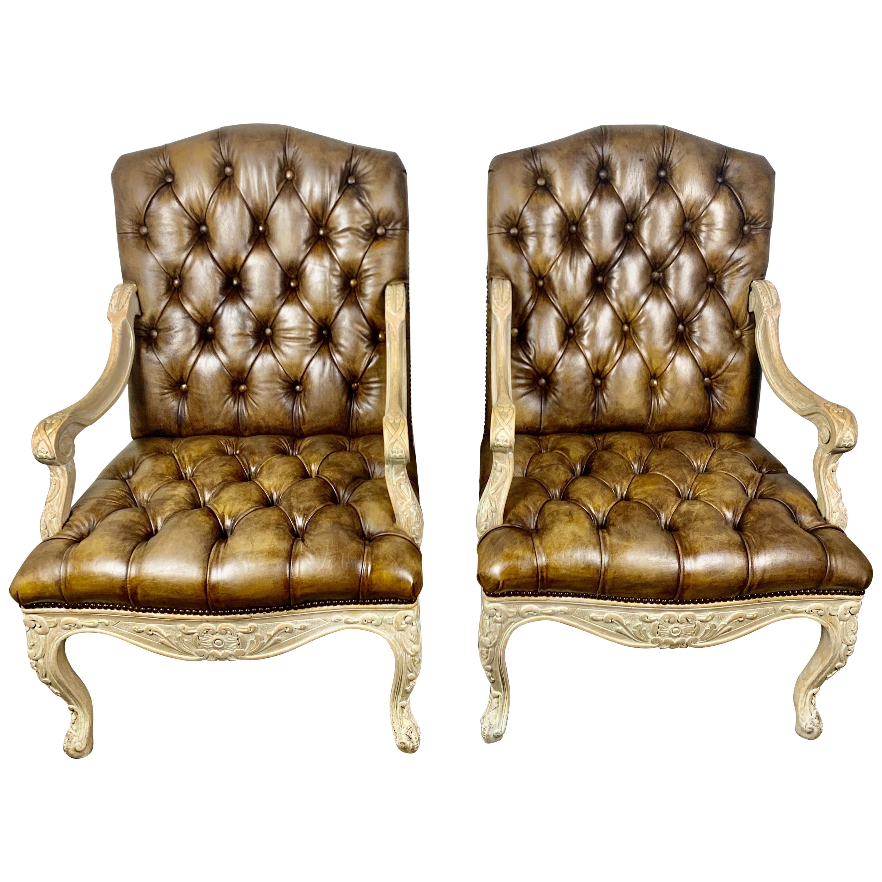 Pair of French Carved Wood Leather Tufted Armchairs