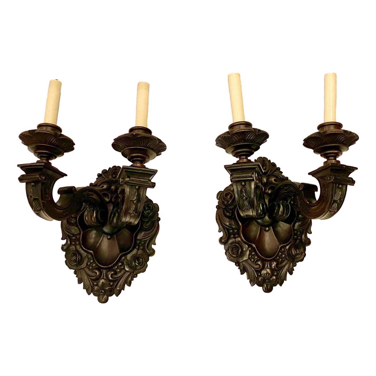 Pair of French Carved Wood Sconces For Sale
