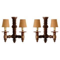 Pair of French Carved Wood Wall Sconces by Charles Dudouyt, 1940s