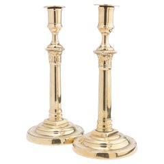 Antique Pair of French Cast Brass Columnar Candlesticks with Corinthian Capitals, 1820