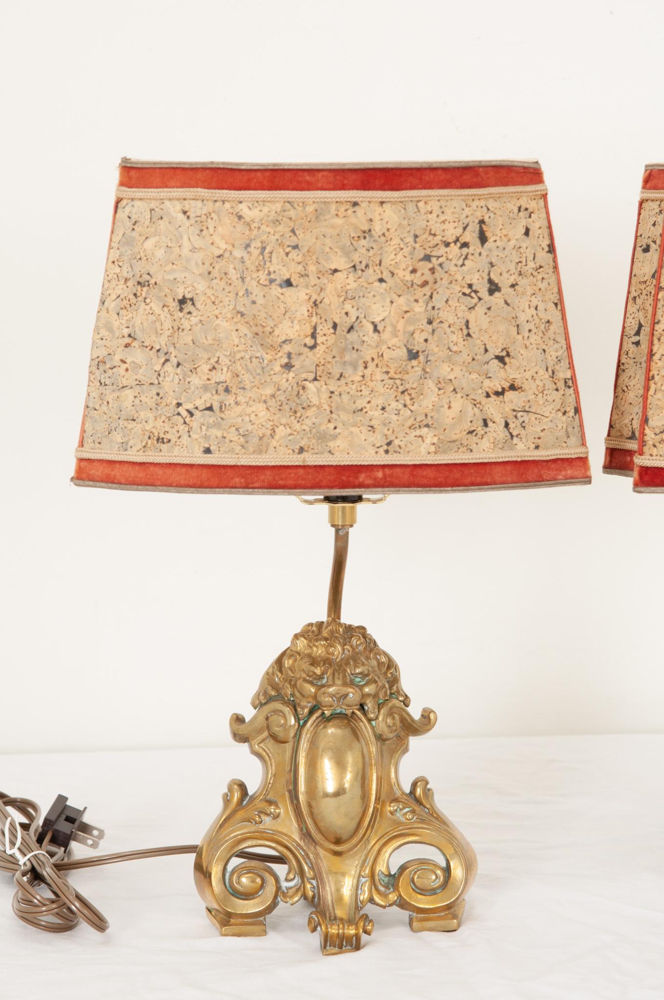 Rococo Pair of French Cast Brass Lion Motif Table Lamps