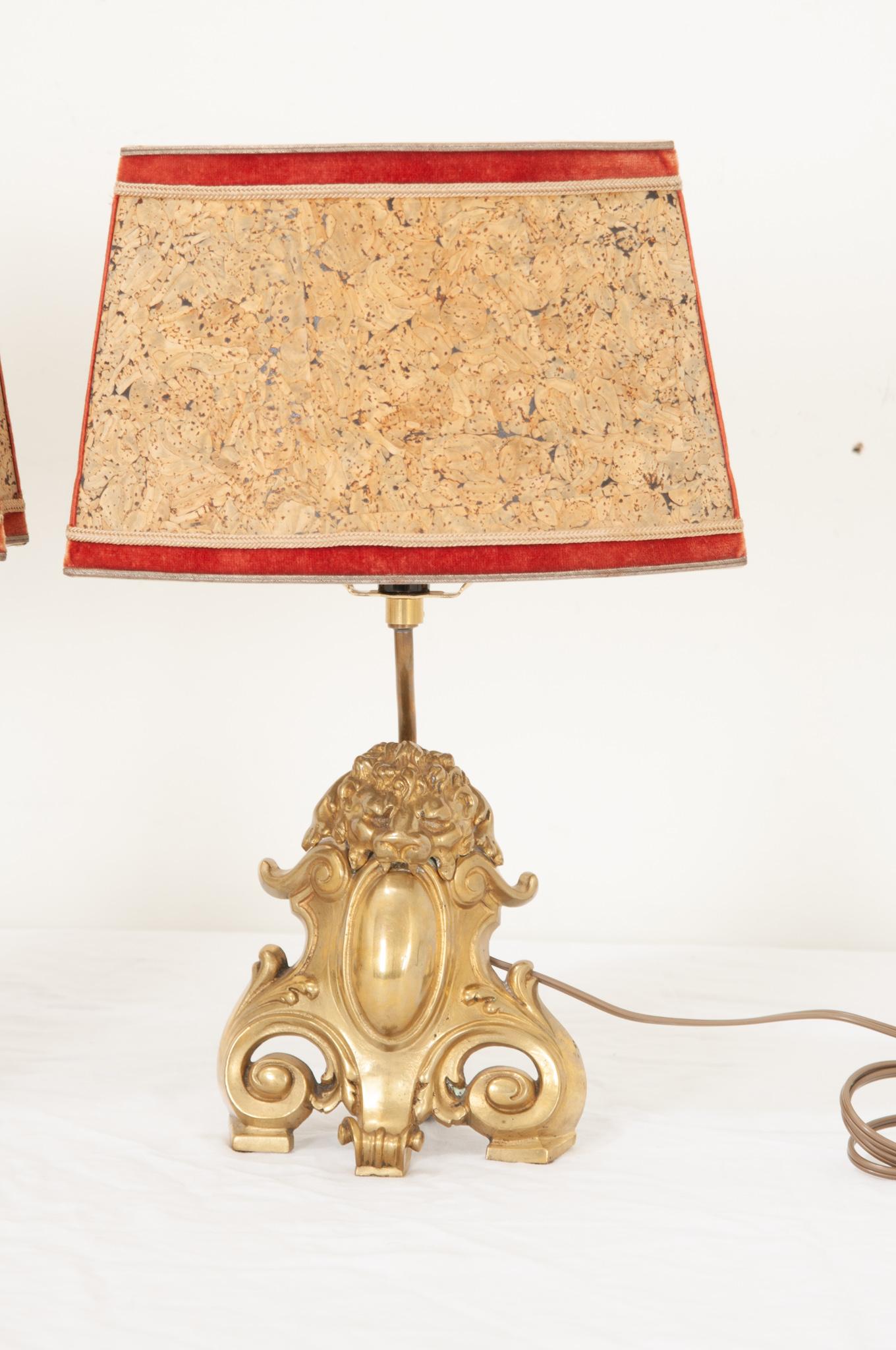 Polished Pair of French Cast Brass Lion Motif Table Lamps