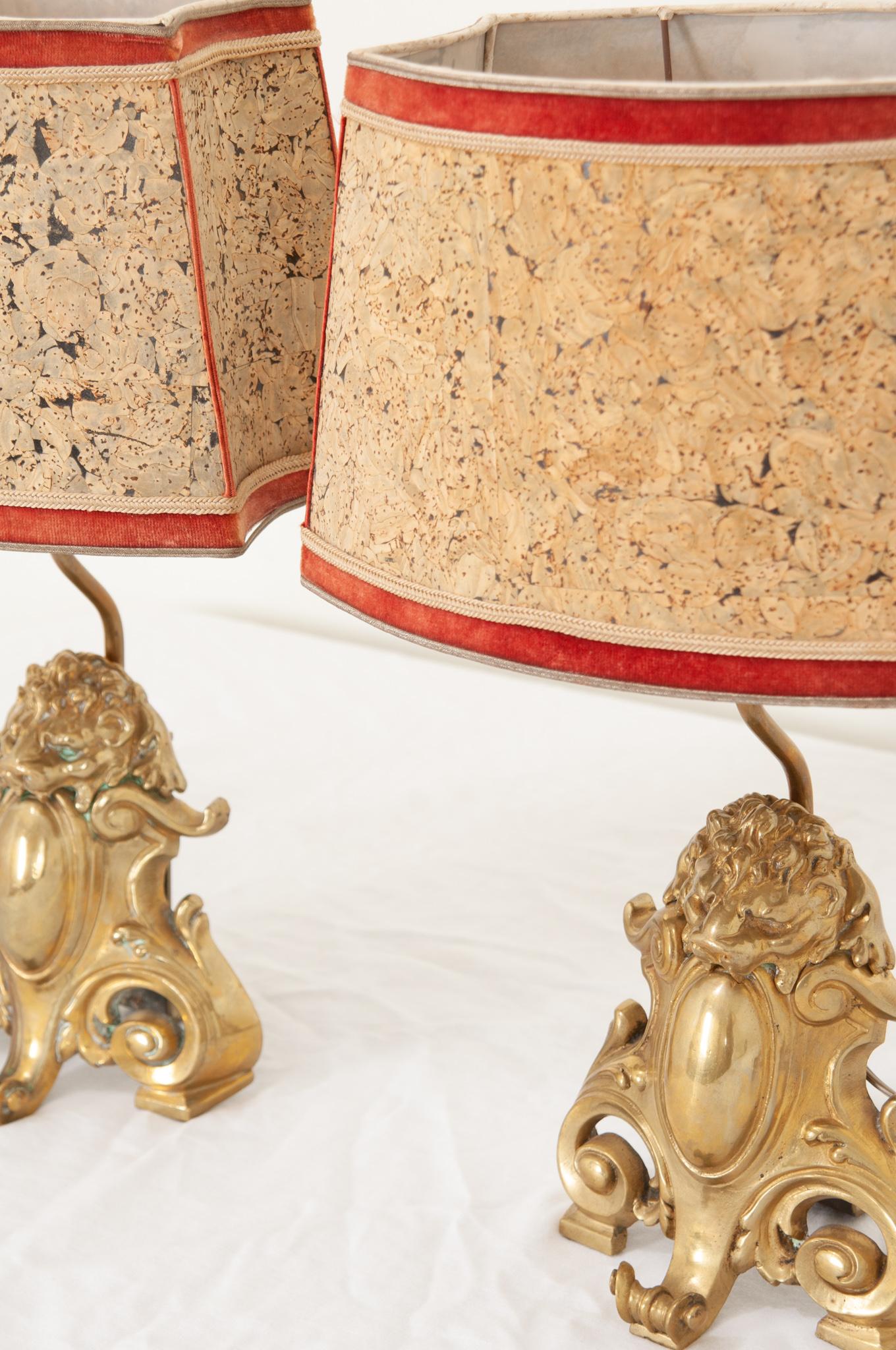 Pair of French Cast Brass Lion Motif Table Lamps In Good Condition In Baton Rouge, LA