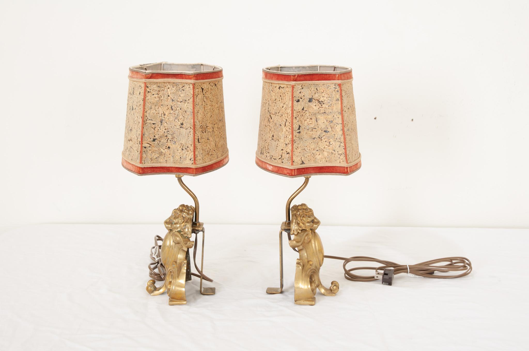 20th Century Pair of French Cast Brass Lion Motif Table Lamps