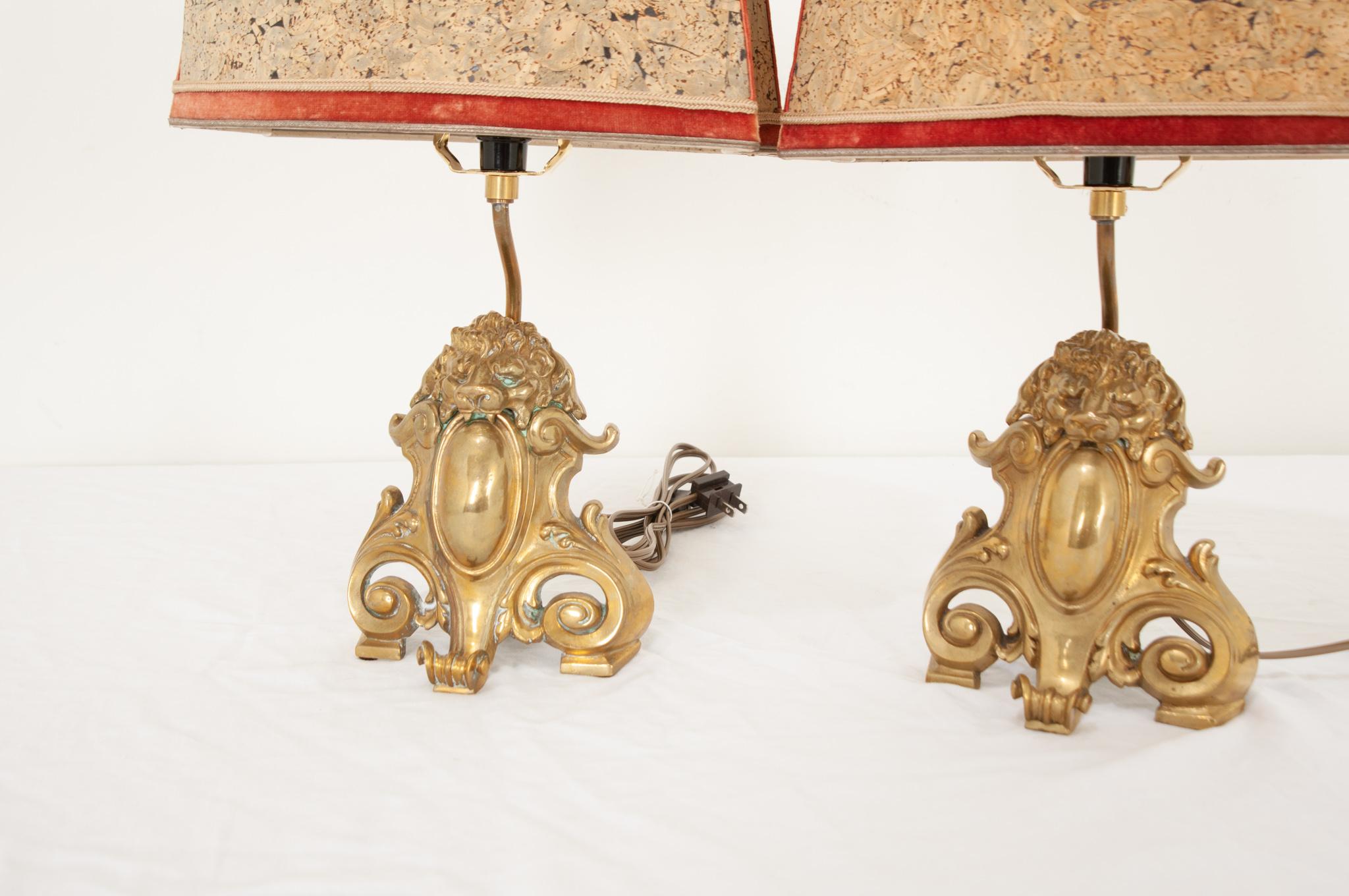 Pair of French Cast Brass Lion Motif Table Lamps 2