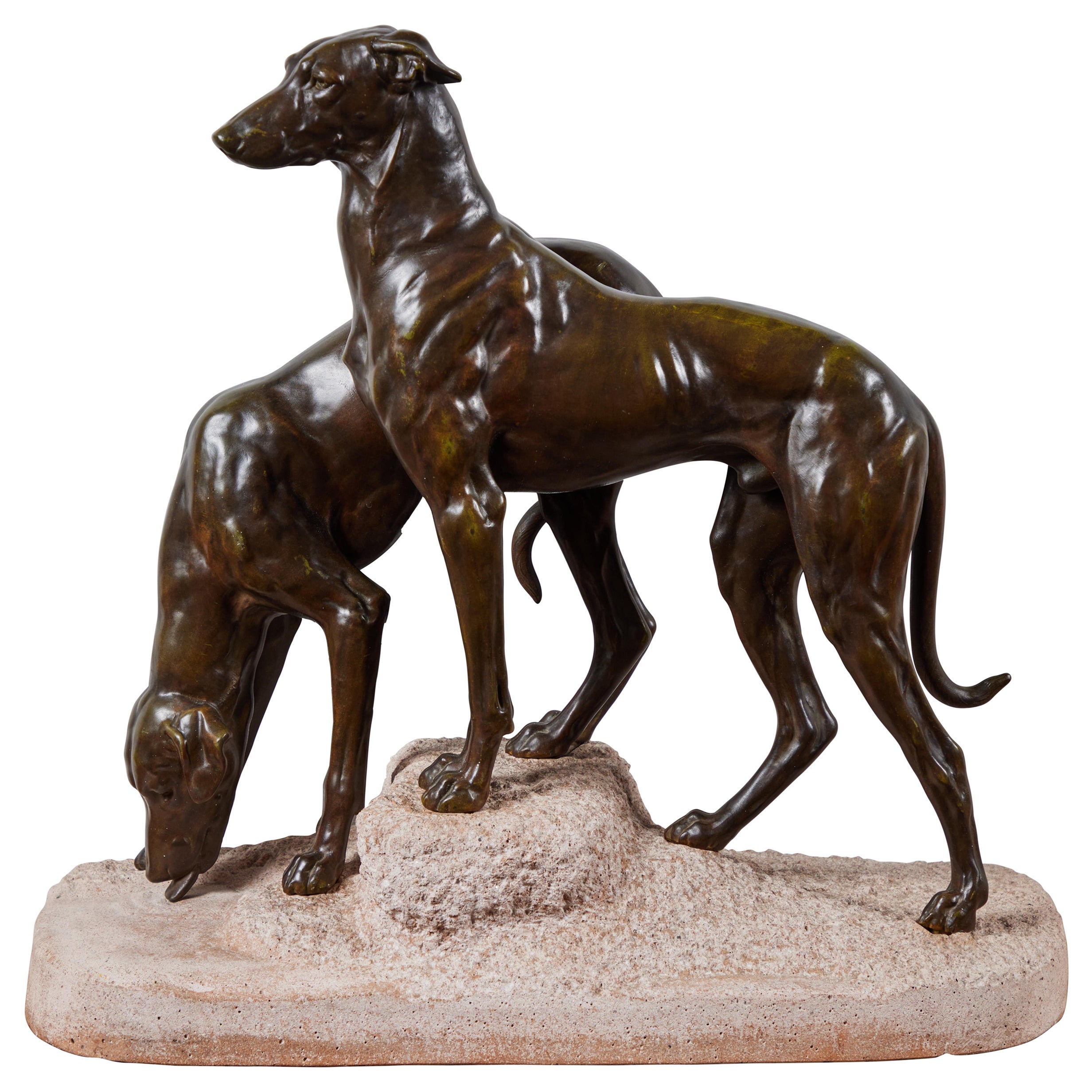 Coppia di segugi francesi in bronzo fuso