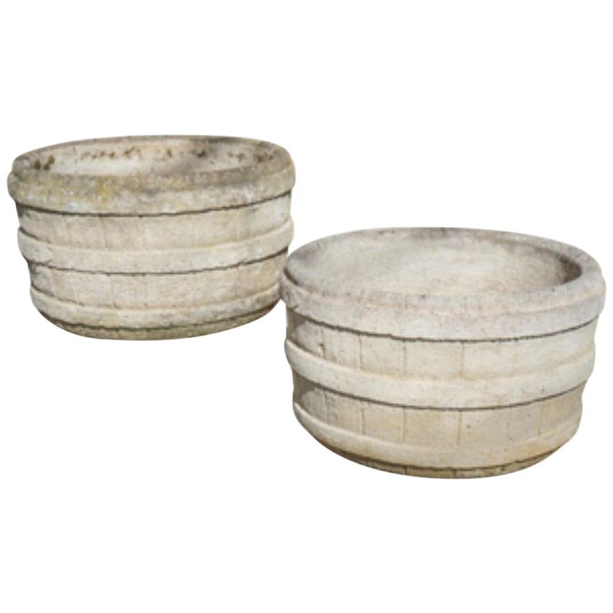 Pair of French Cast Cement Barrel Planters, circa 1960 For Sale