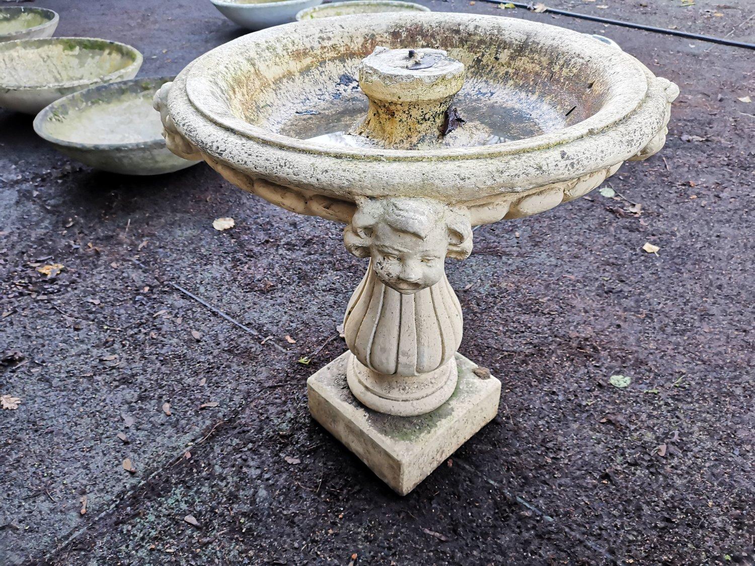 Pair of French Cast Concrete Garden Fountains with Medieval Heads to the Basins For Sale 6