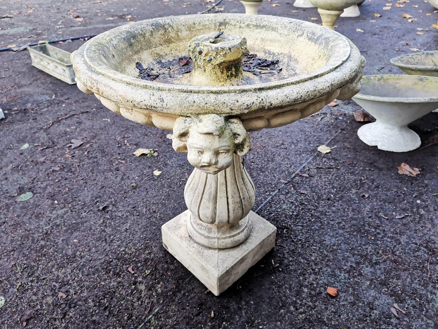 Pair of French Cast Concrete Garden Fountains with Medieval Heads to the Basins For Sale 7