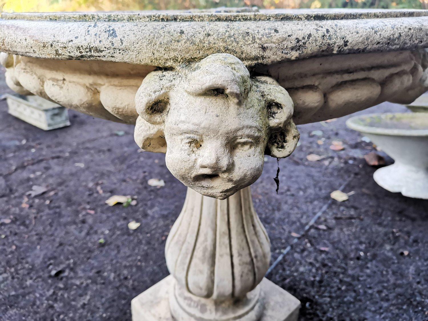 Pair of French Cast Concrete Garden Fountains with Medieval Heads to the Basins For Sale 8