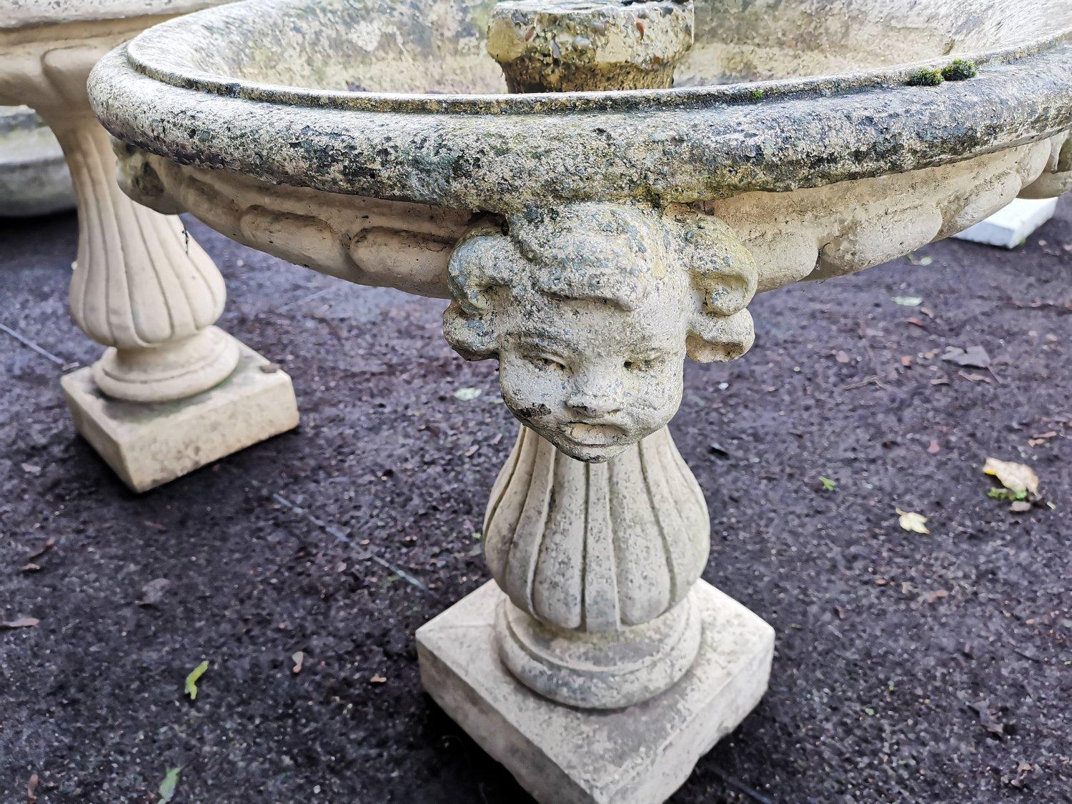 Pair of French Cast Concrete Garden Fountains with Medieval Heads to the Basins For Sale 9