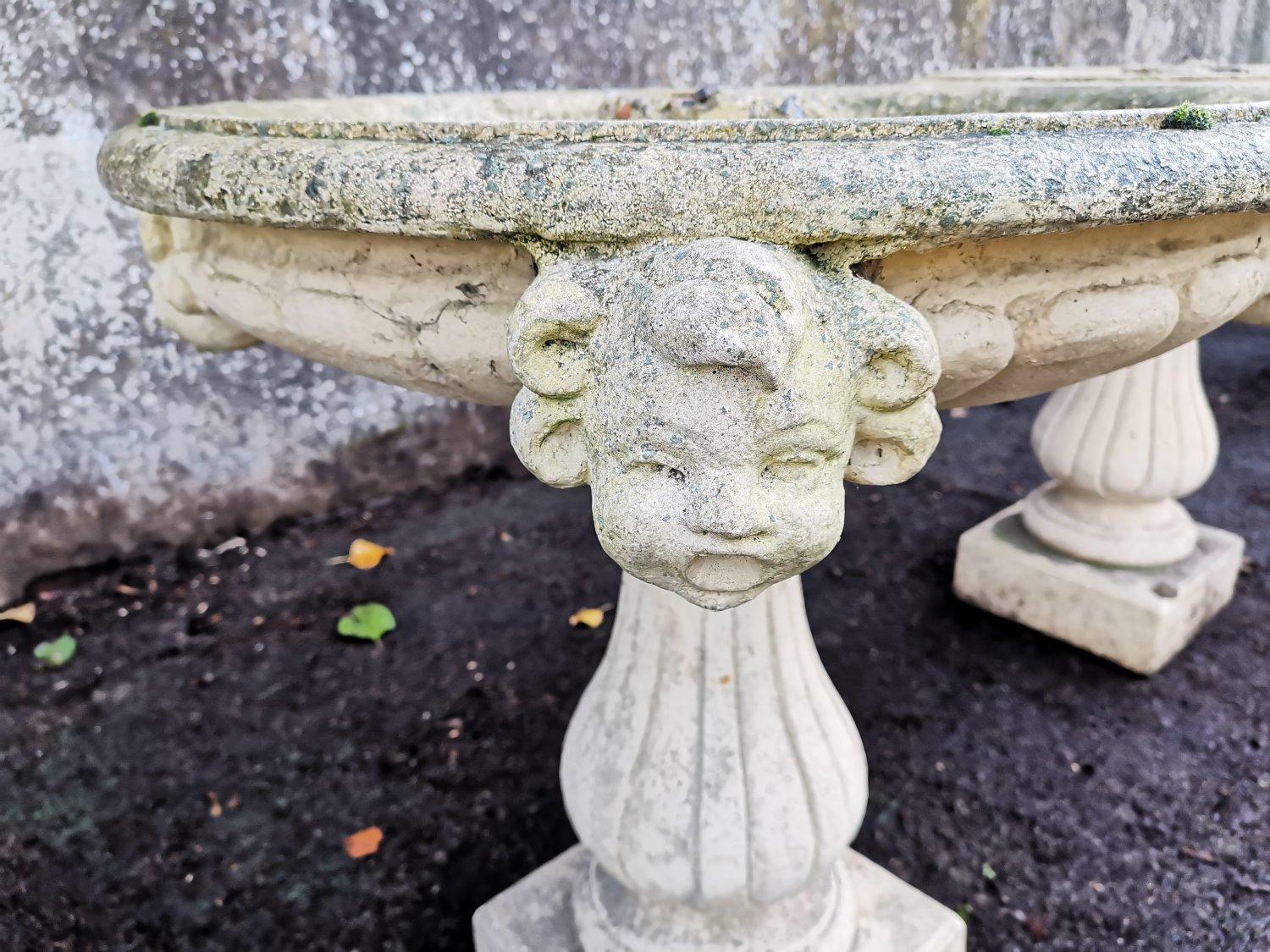 Pair of French Cast Concrete Garden Fountains with Medieval Heads to the Basins For Sale 10