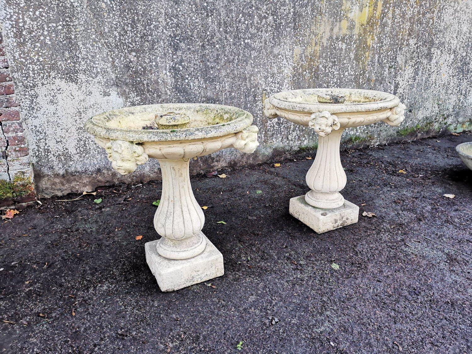 Mid-Century Modern Pair of French Cast Concrete Garden Fountains with Medieval Heads to the Basins For Sale