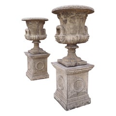 Pair of French Cast Garden Urns on Pedestals in Antique Stone Finish