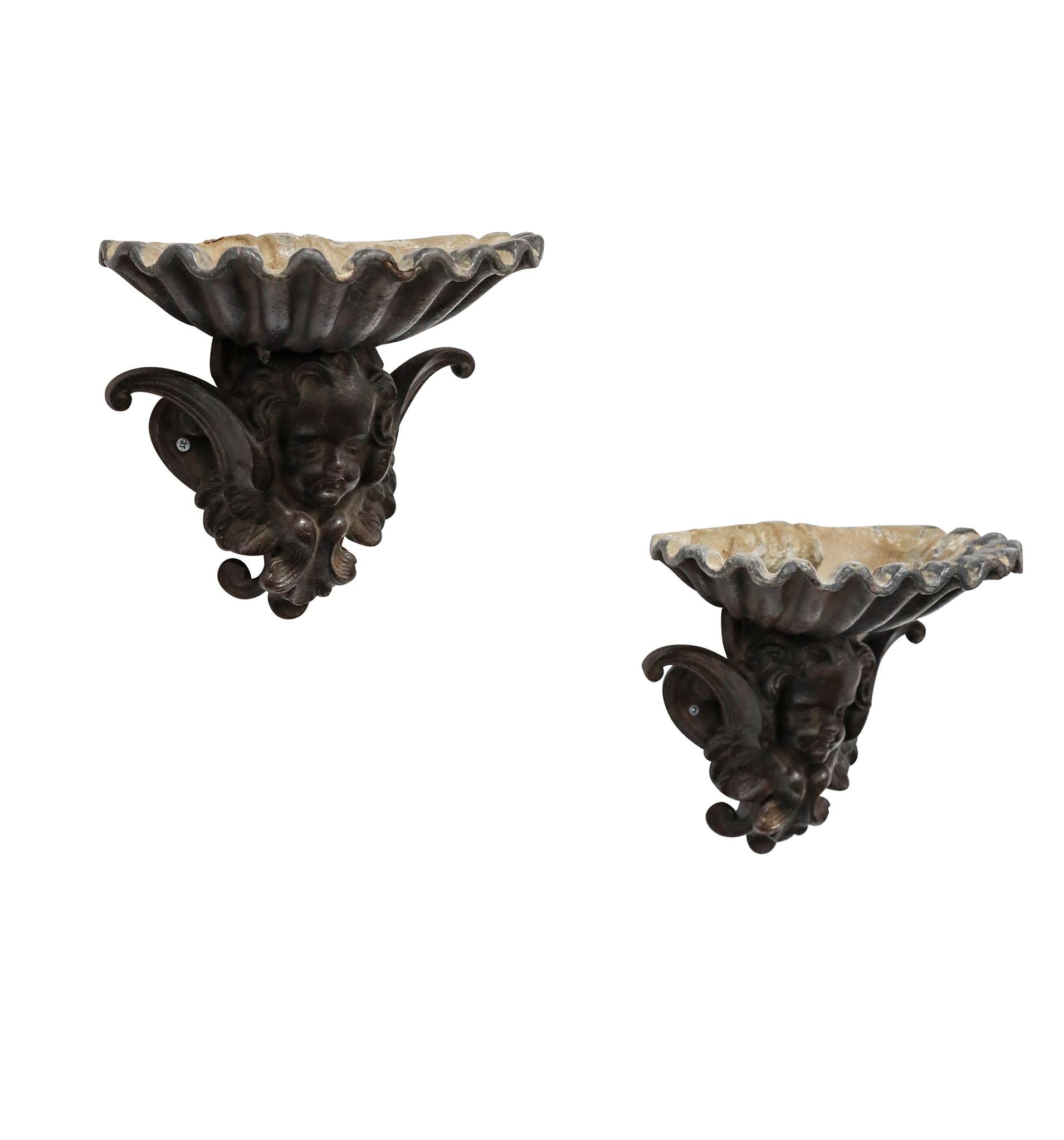 Pair of French Cast Iron Angel Head Vessels In Good Condition For Sale In Round Top, TX