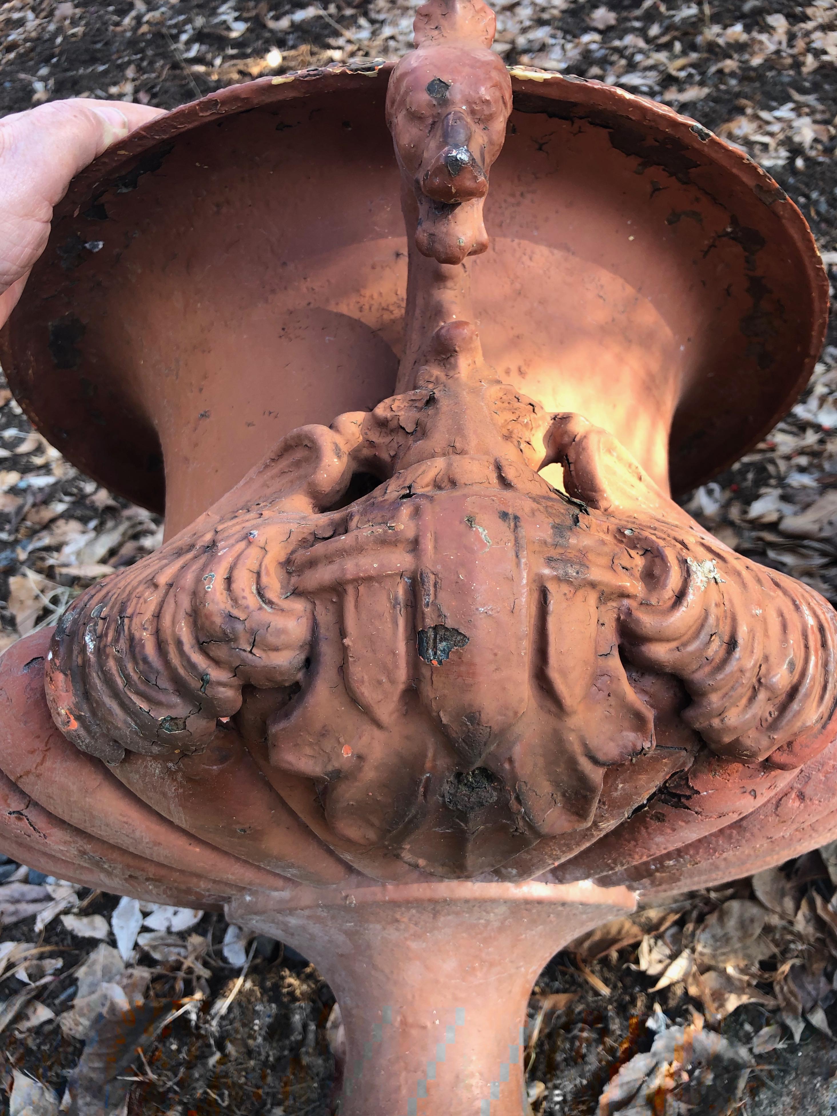 Pair of French Cast Iron Dragon Urns by Alfred Corneau in Old Red Paint 4