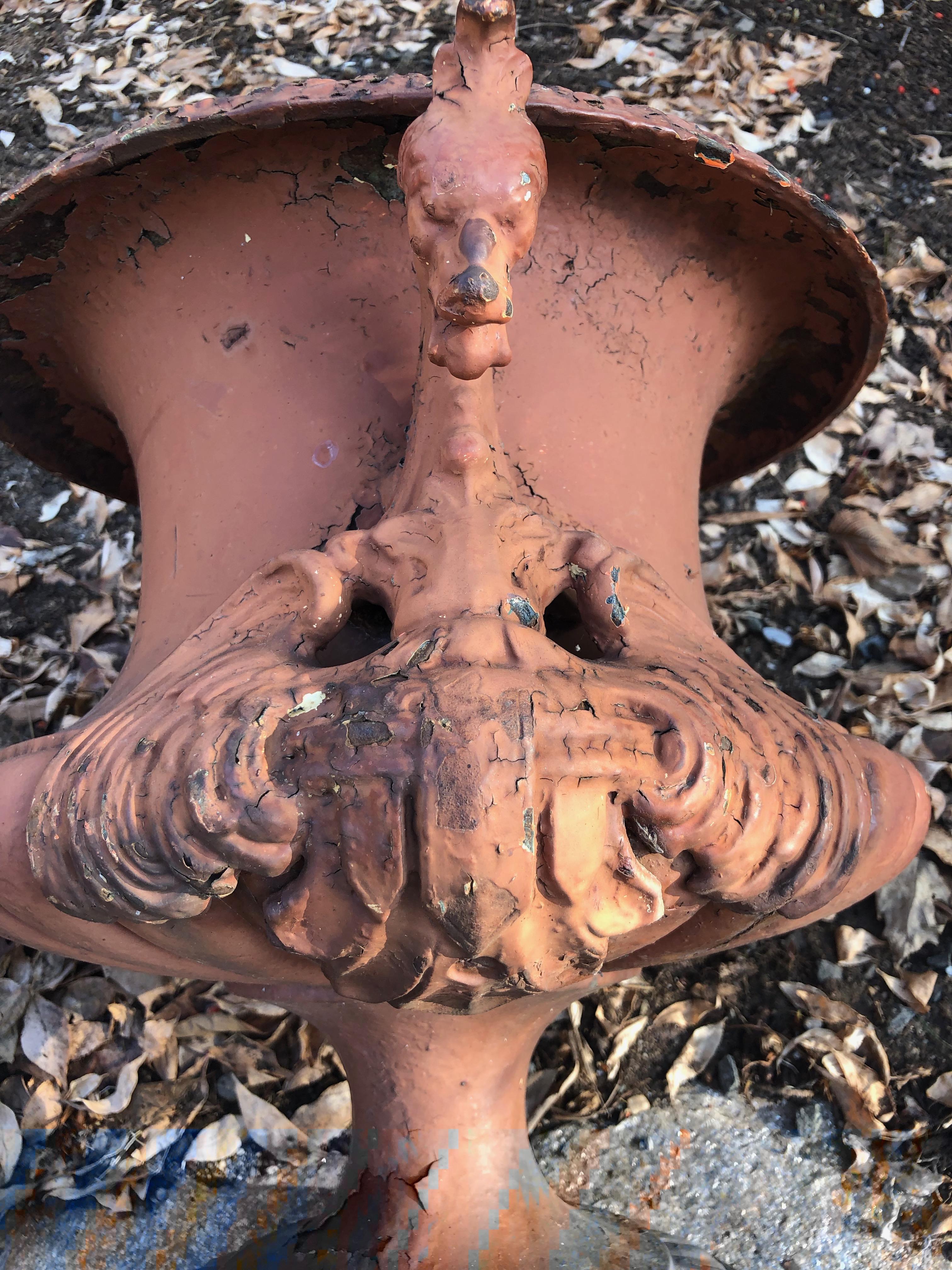 Pair of French Cast Iron Dragon Urns by Alfred Corneau in Old Red Paint 5