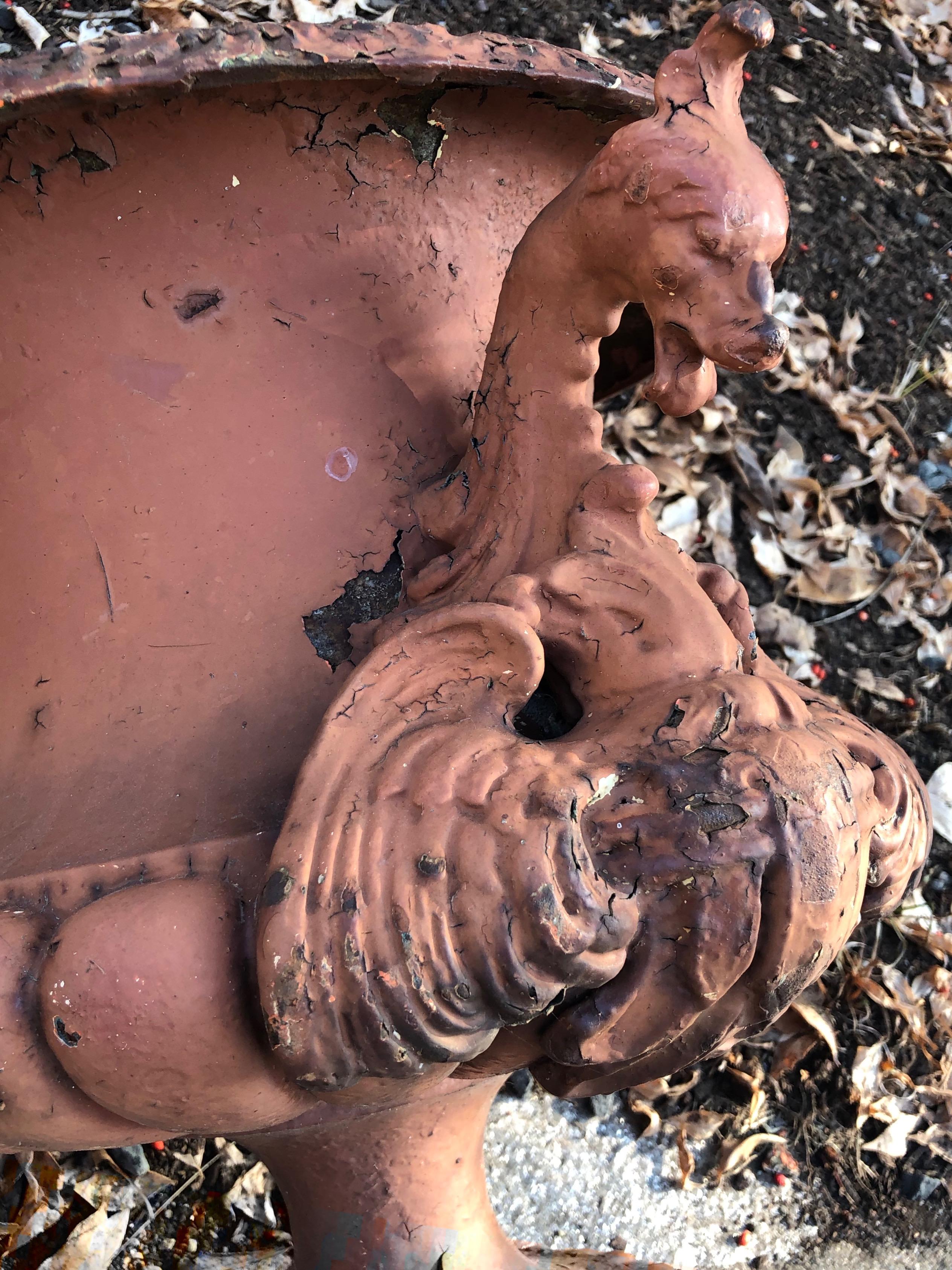 Pair of French Cast Iron Dragon Urns by Alfred Corneau in Old Red Paint 6