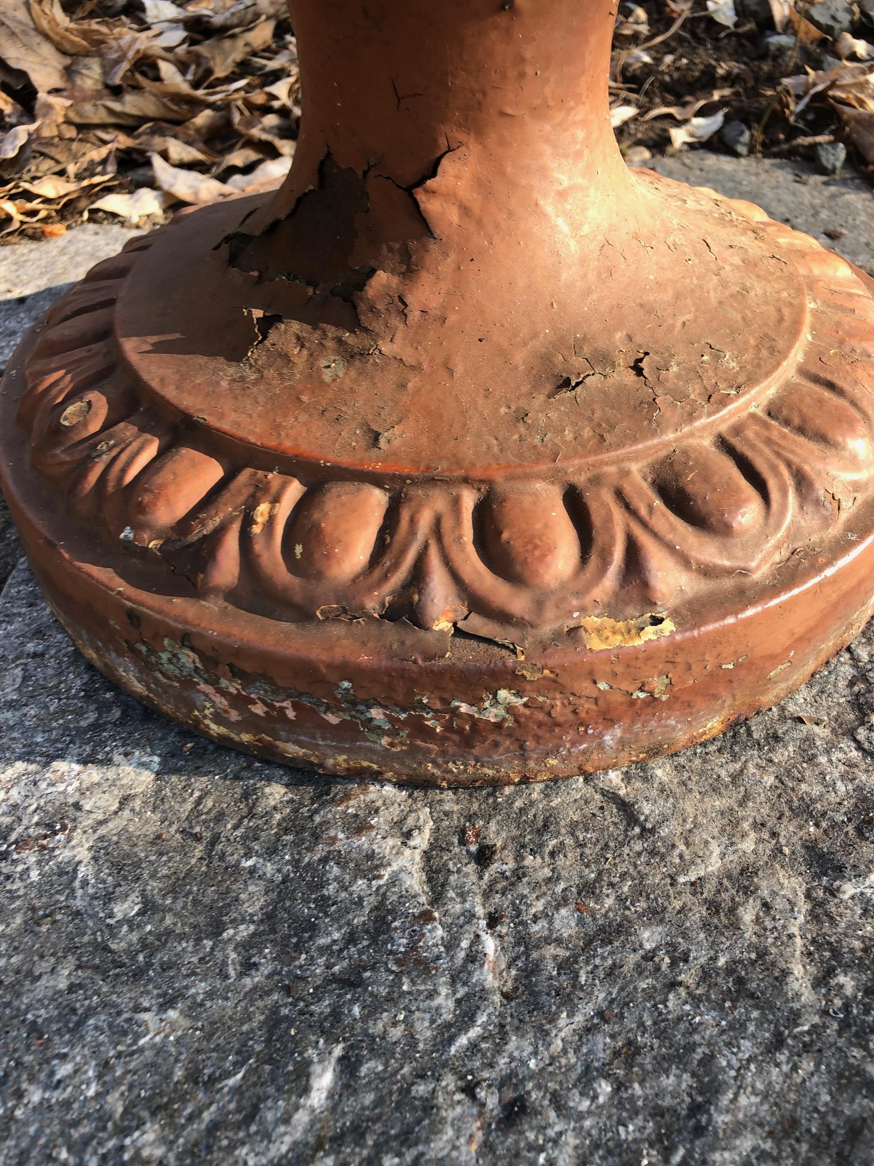 Pair of French Cast Iron Dragon Urns by Alfred Corneau in Old Red Paint 7