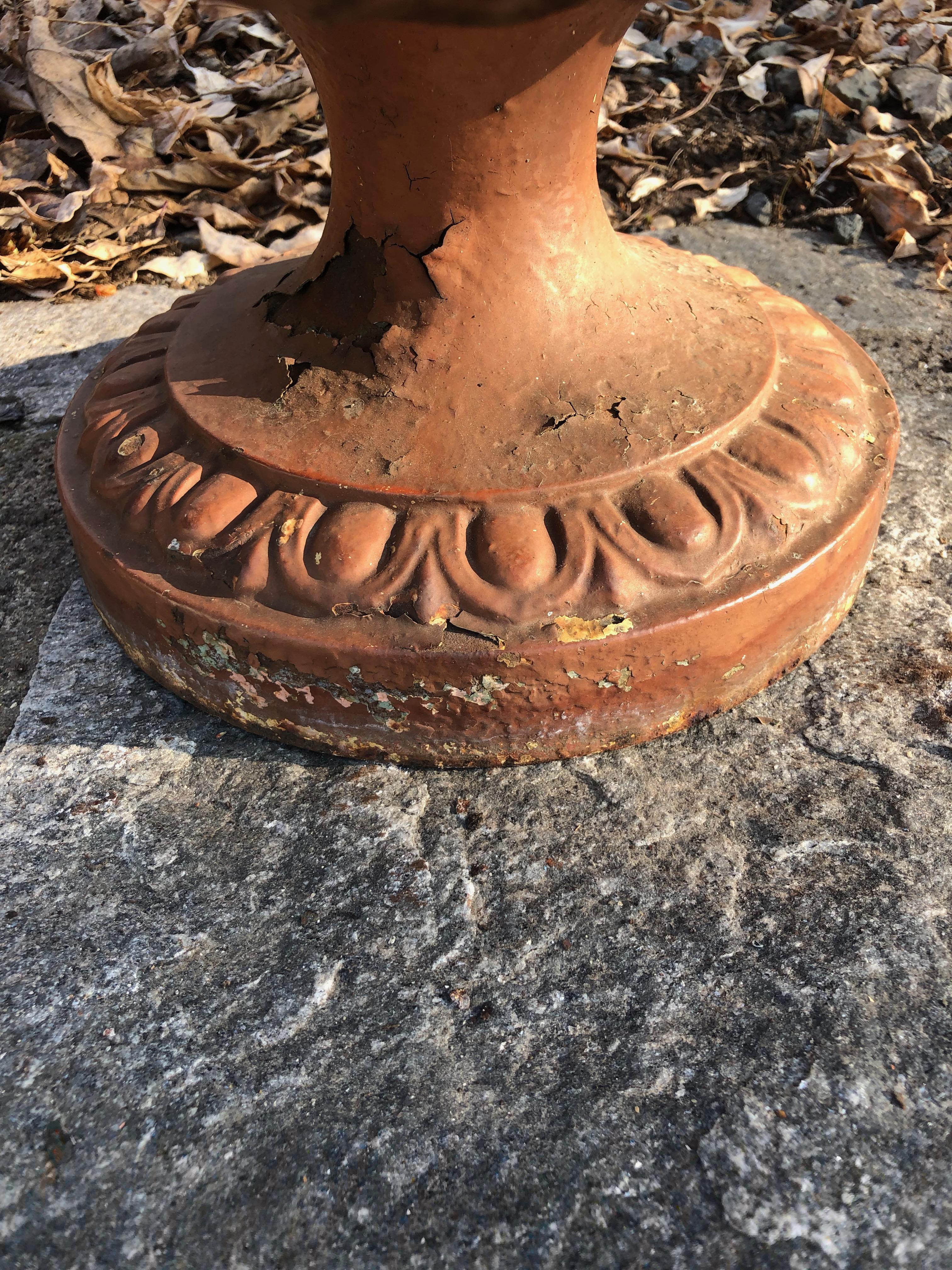Pair of French Cast Iron Dragon Urns by Alfred Corneau in Old Red Paint 8