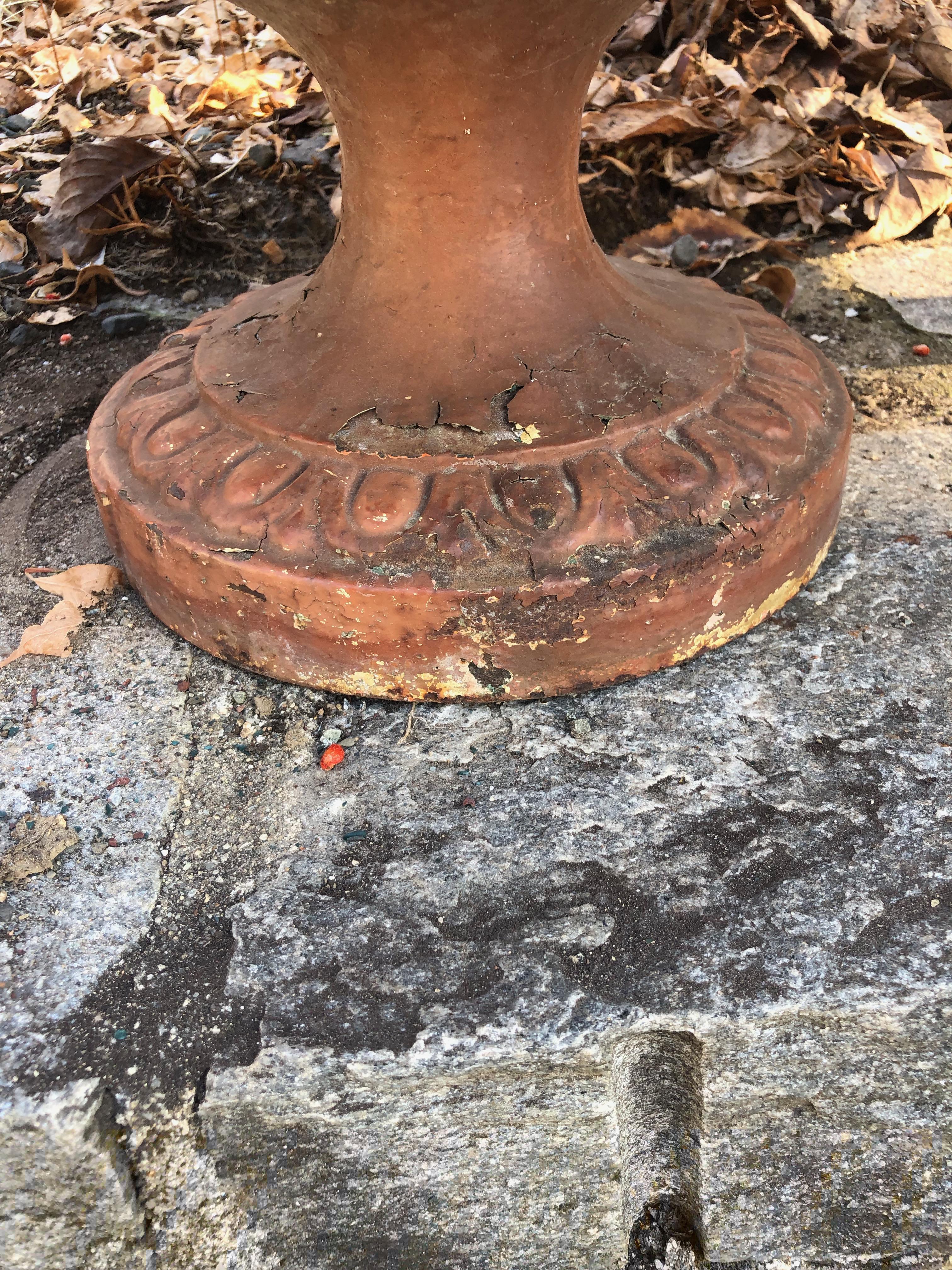 Pair of French Cast Iron Dragon Urns by Alfred Corneau in Old Red Paint 9