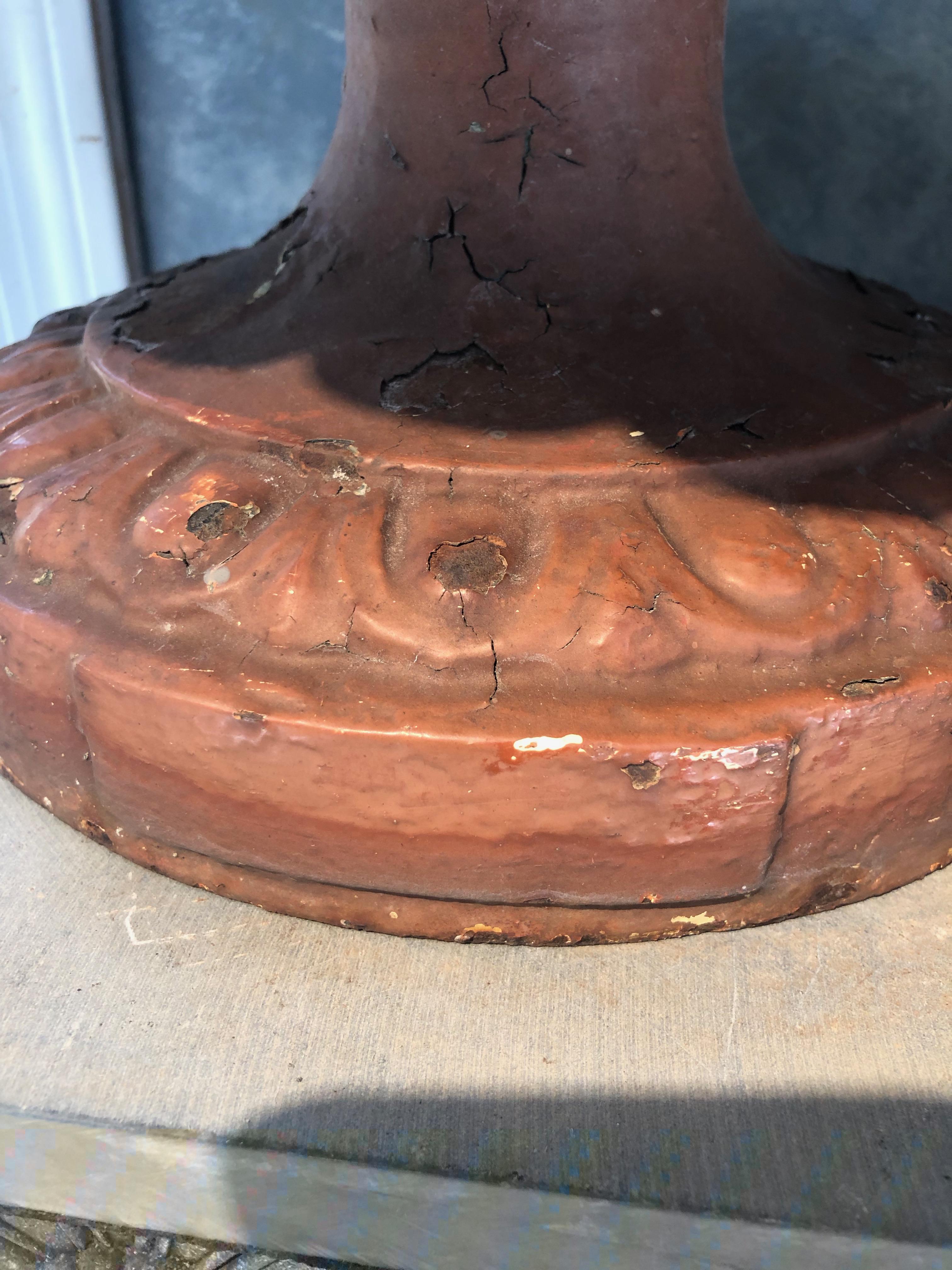 Pair of French Cast Iron Dragon Urns by Alfred Corneau in Old Red Paint 10