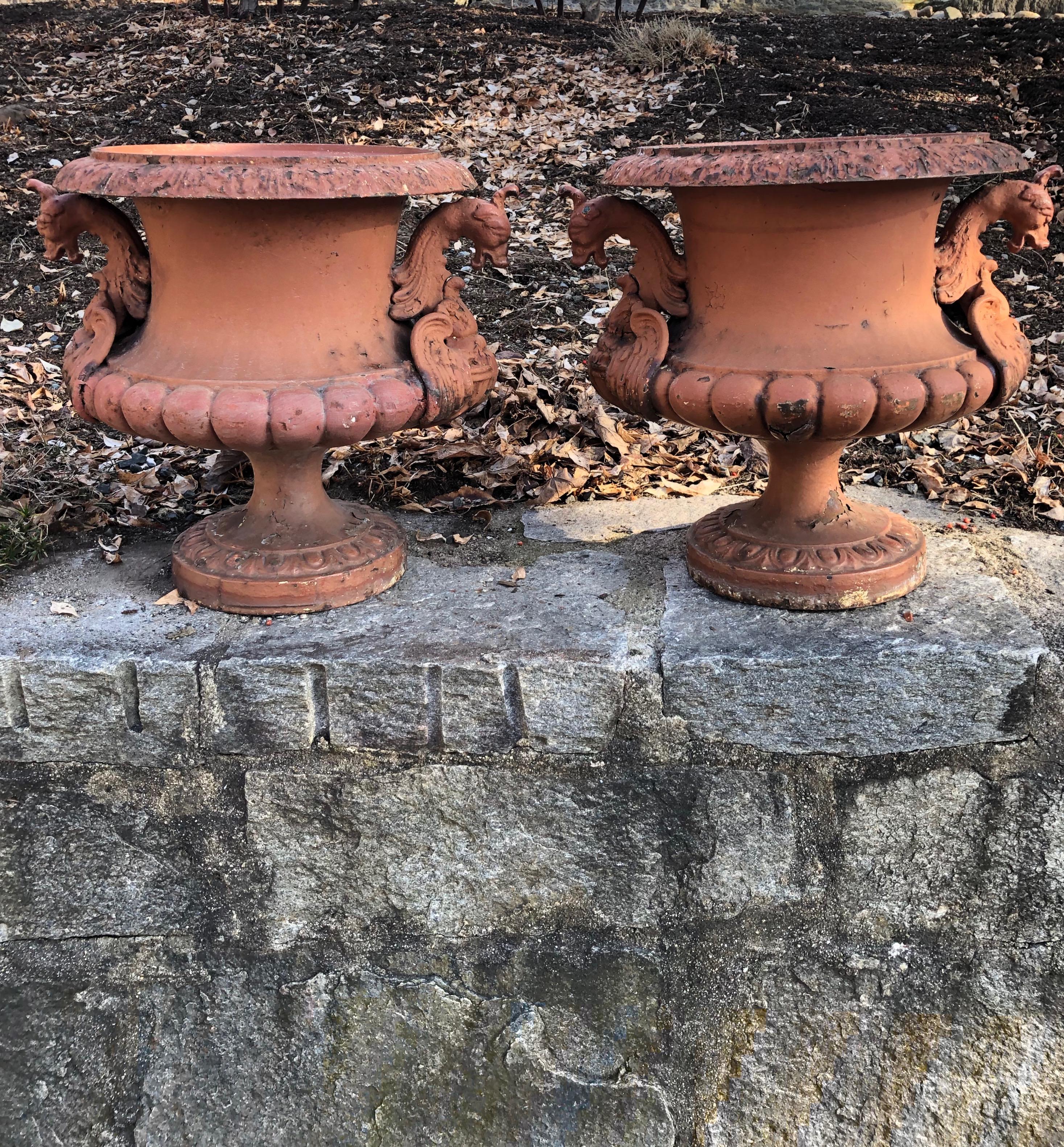 Pair of French Cast Iron Dragon Urns by Alfred Corneau in Old Red Paint 11