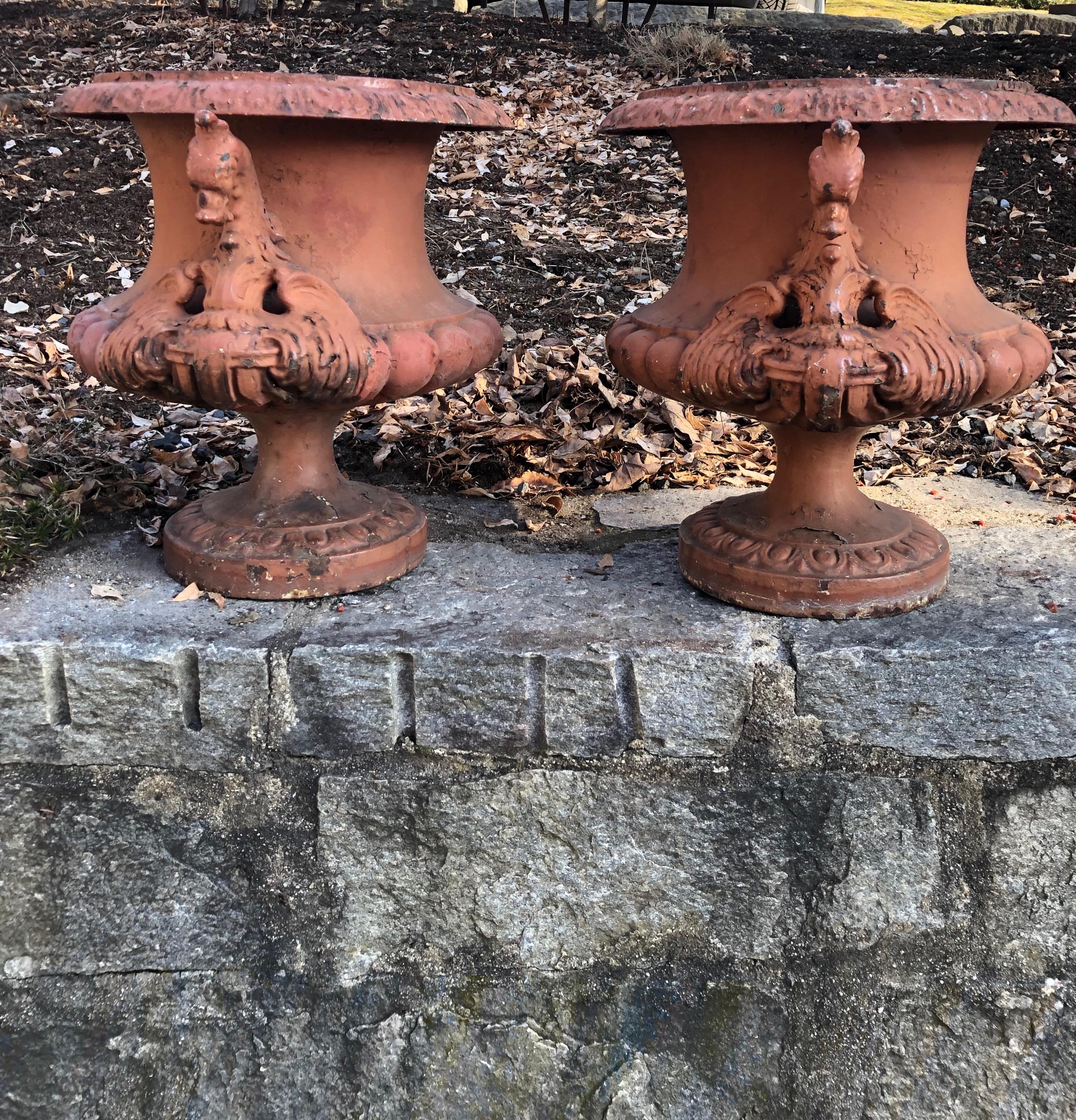 Pair of French Cast Iron Dragon Urns by Alfred Corneau in Old Red Paint 12