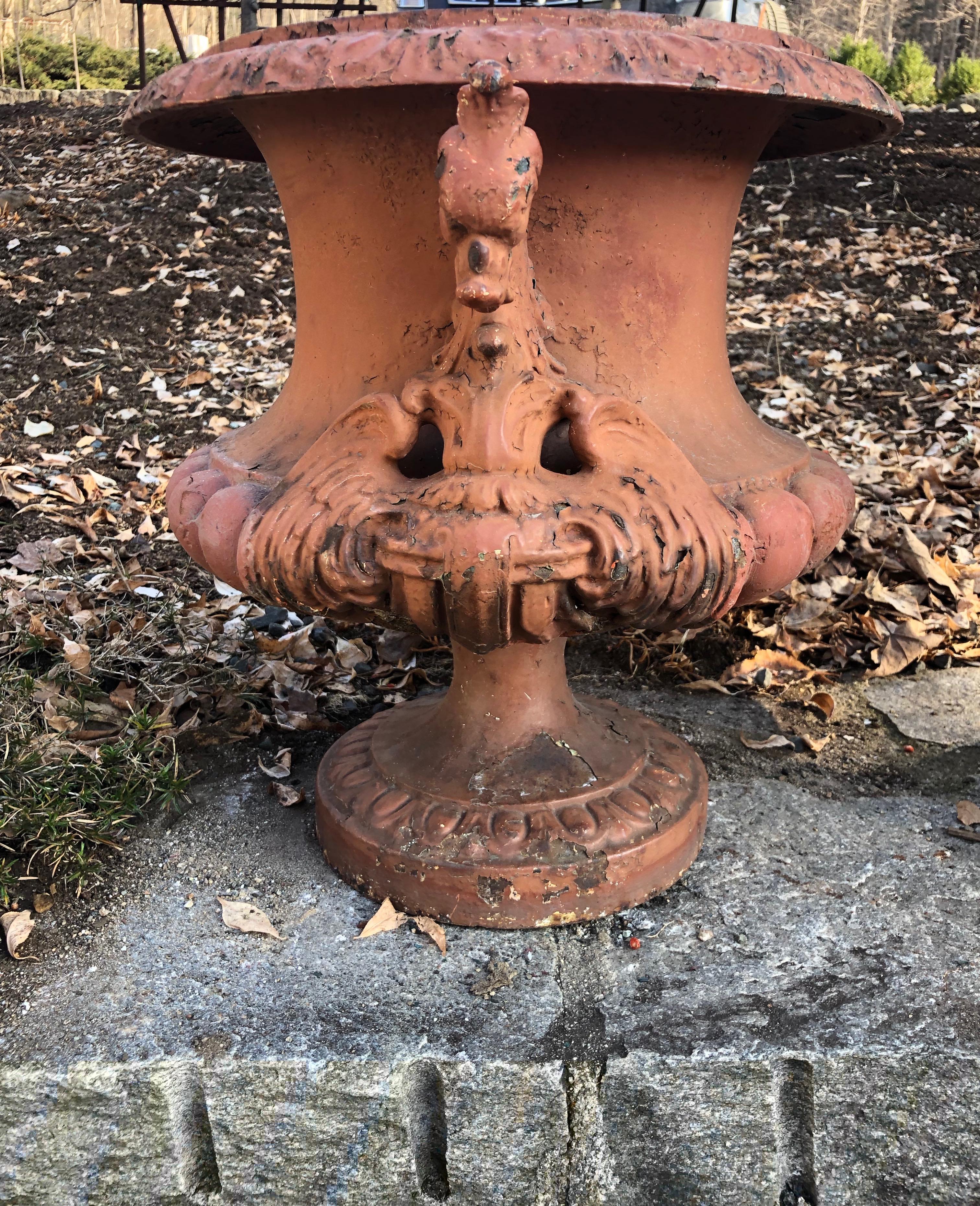 Pair of French Cast Iron Dragon Urns by Alfred Corneau in Old Red Paint 13
