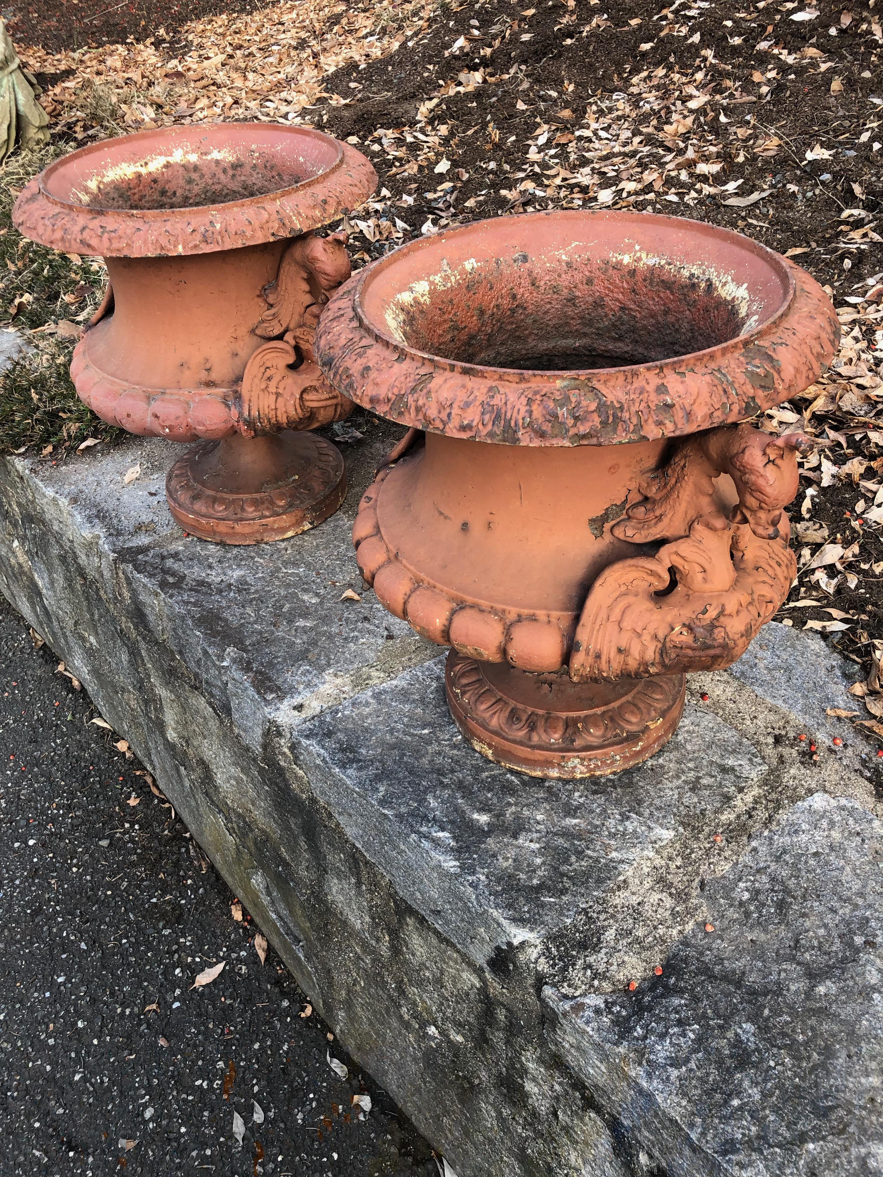 Dating to circa 1870, this pair of urns has an indecipherable makers’ plaque on the foot of each one and we know them to have been cast by Alfred Corneau, a famous French 19th century foundry. The detailing is exceptional, although some of the
