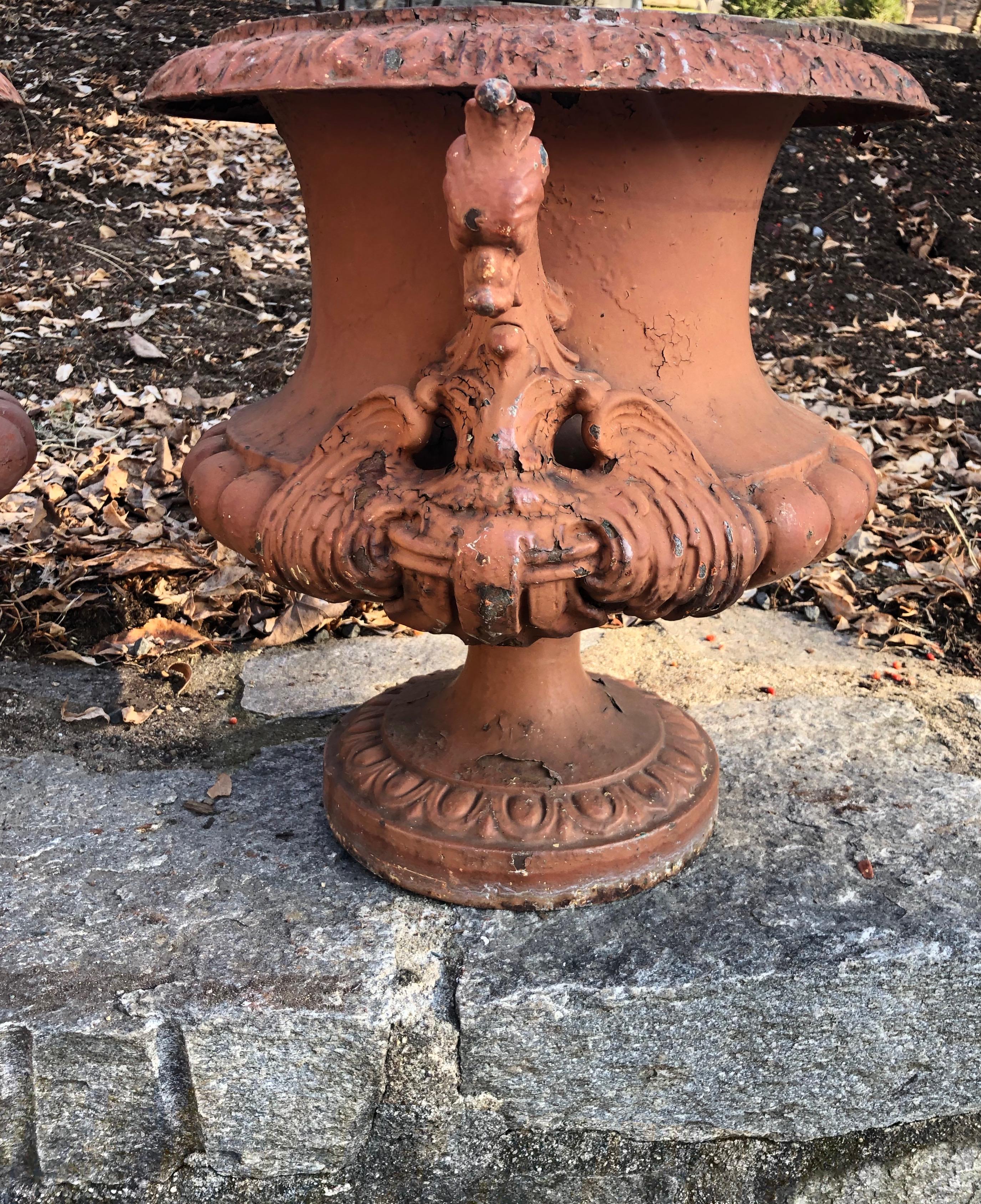 Pair of French Cast Iron Dragon Urns by Alfred Corneau in Old Red Paint 14