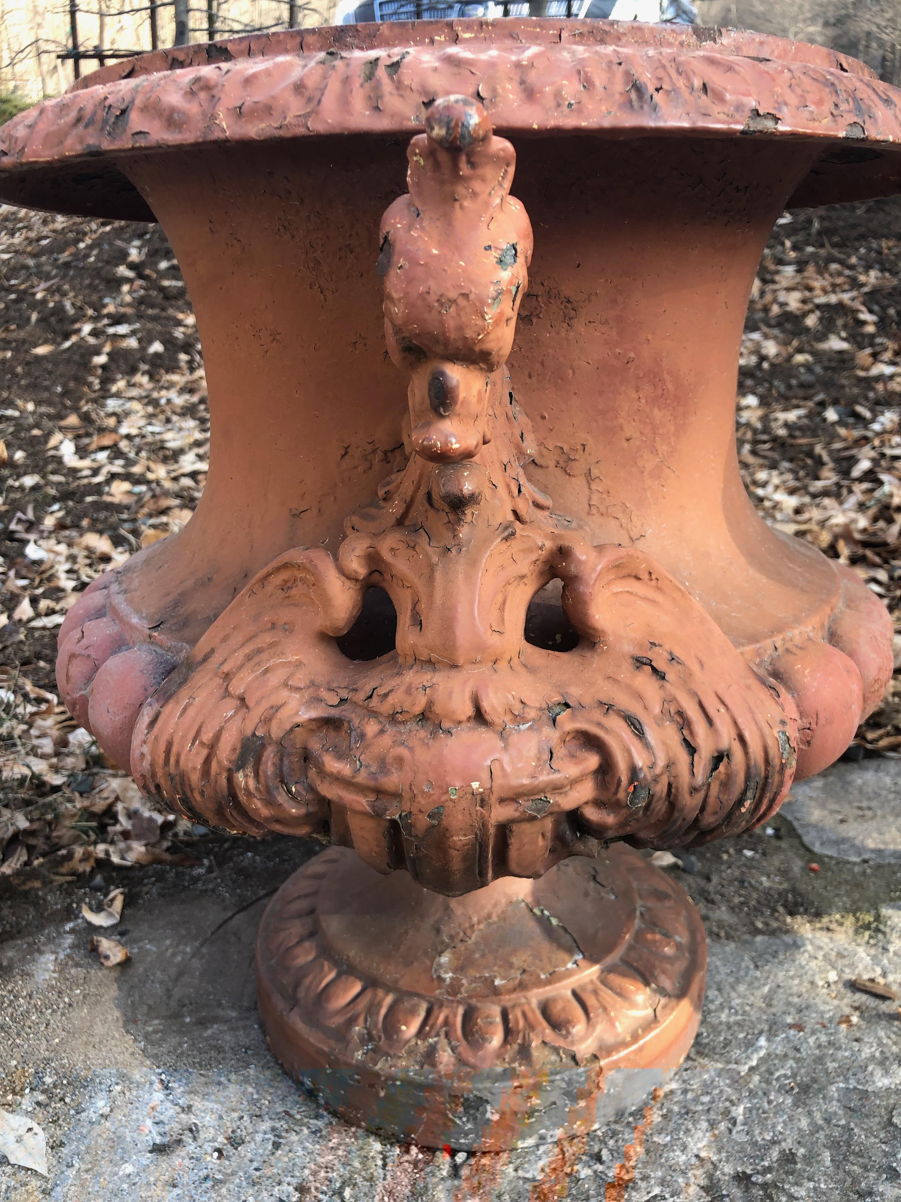 19th Century Pair of French Cast Iron Dragon Urns by Alfred Corneau in Old Red Paint