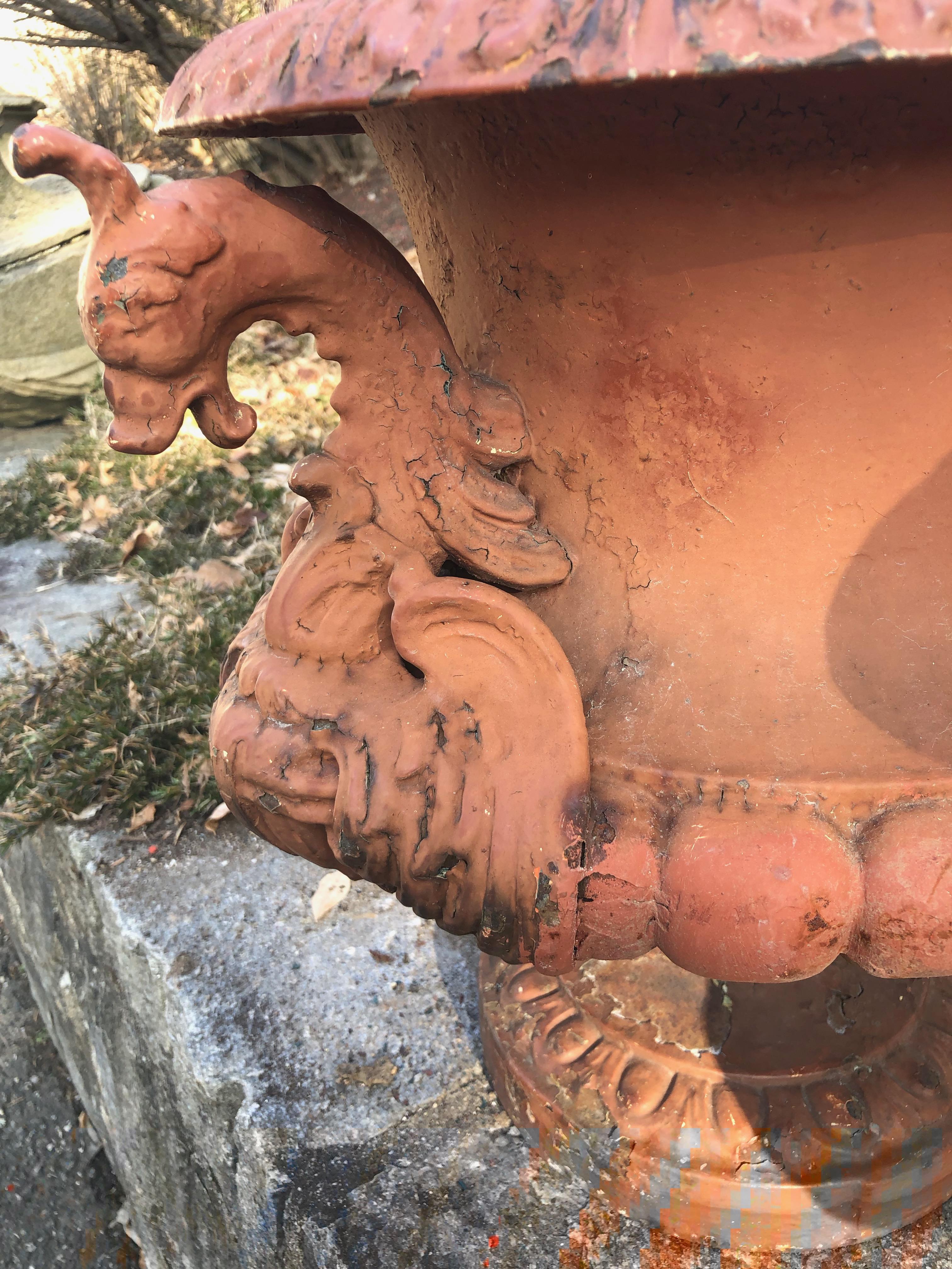 Pair of French Cast Iron Dragon Urns by Alfred Corneau in Old Red Paint 1
