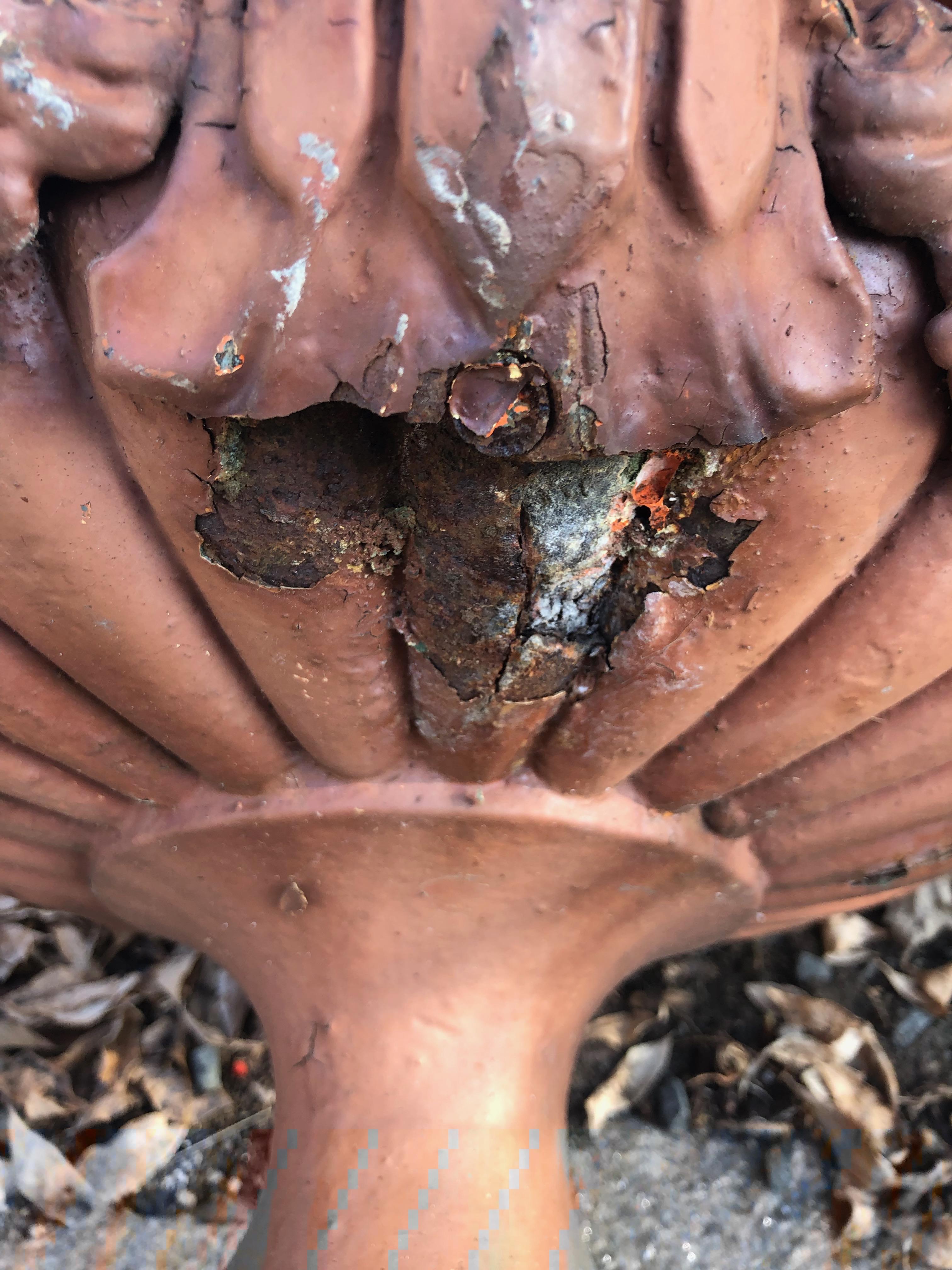 Pair of French Cast Iron Dragon Urns by Alfred Corneau in Old Red Paint 2