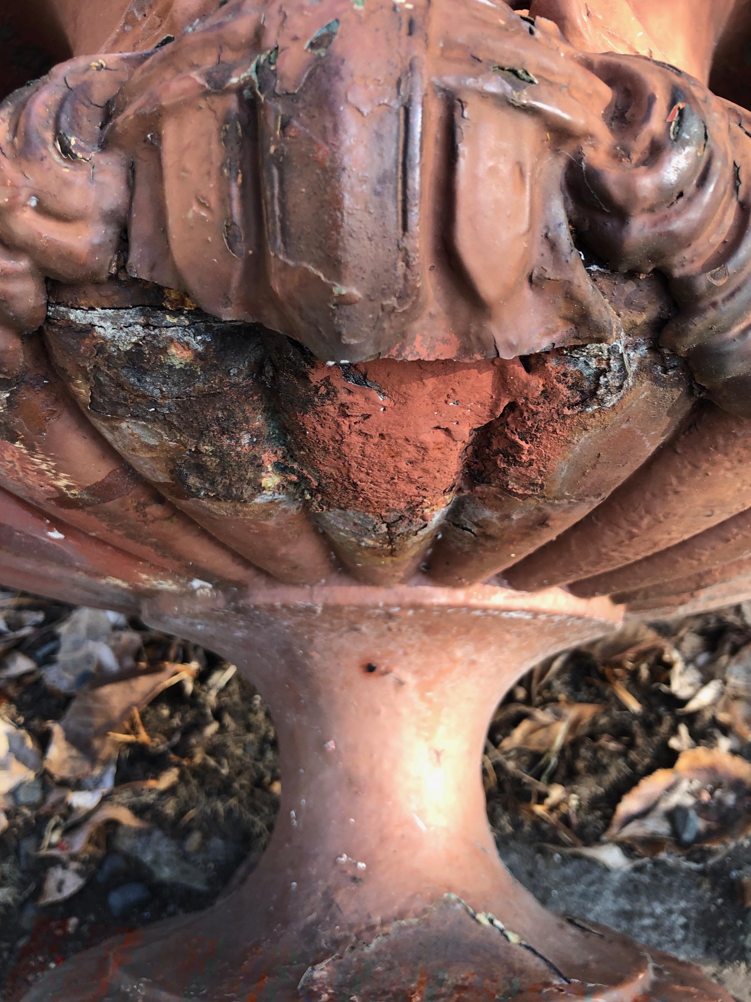 Pair of French Cast Iron Dragon Urns by Alfred Corneau in Old Red Paint 3