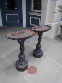 Pair of French Cast Iron Figural Cherub Bird Baths with Shell Form Bowl, C. 1850