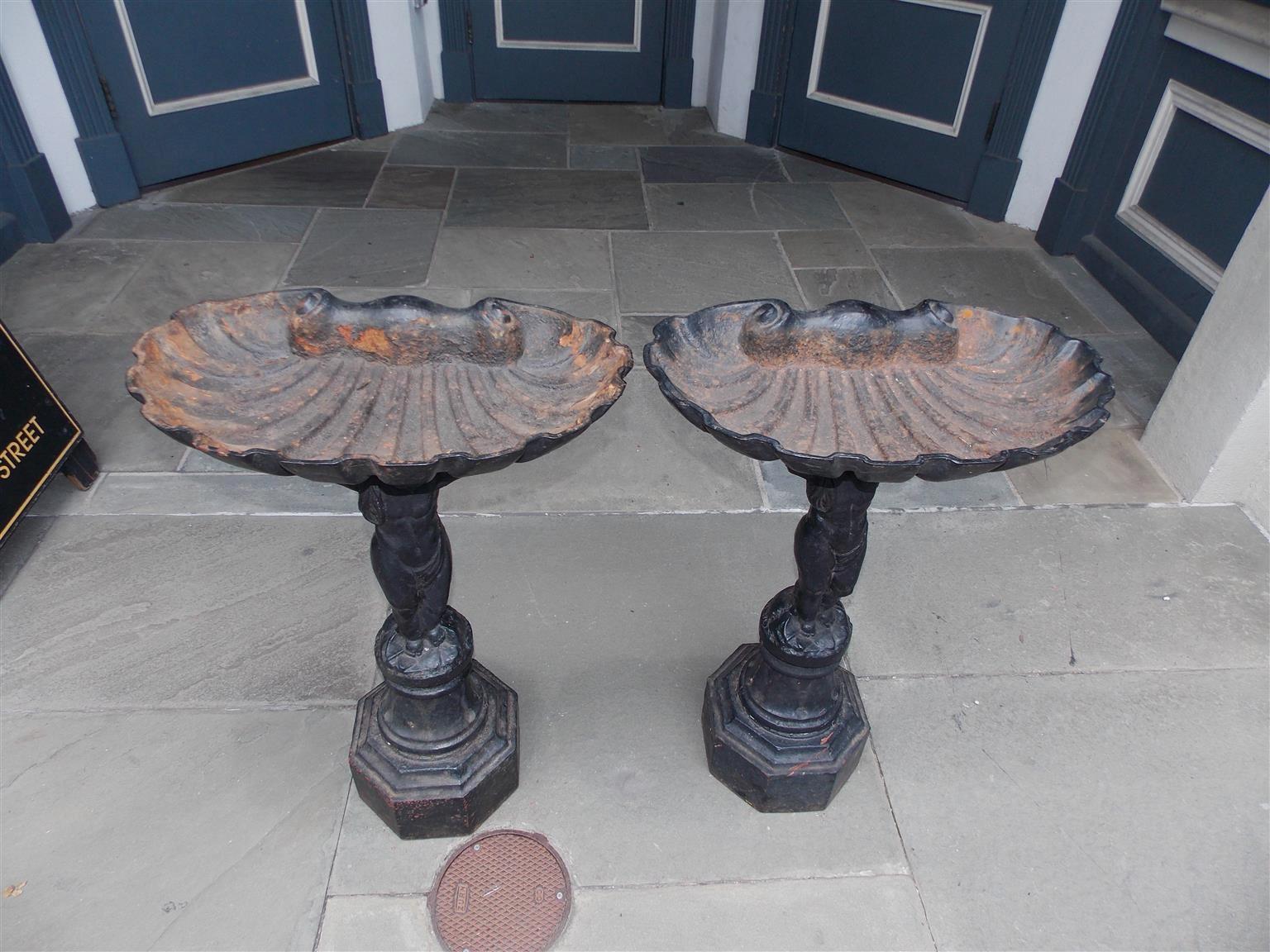 Pair of French Cast Iron Figural Cherub Bird Baths with Shell Form Bowl, C. 1850 In Excellent Condition In Hollywood, SC