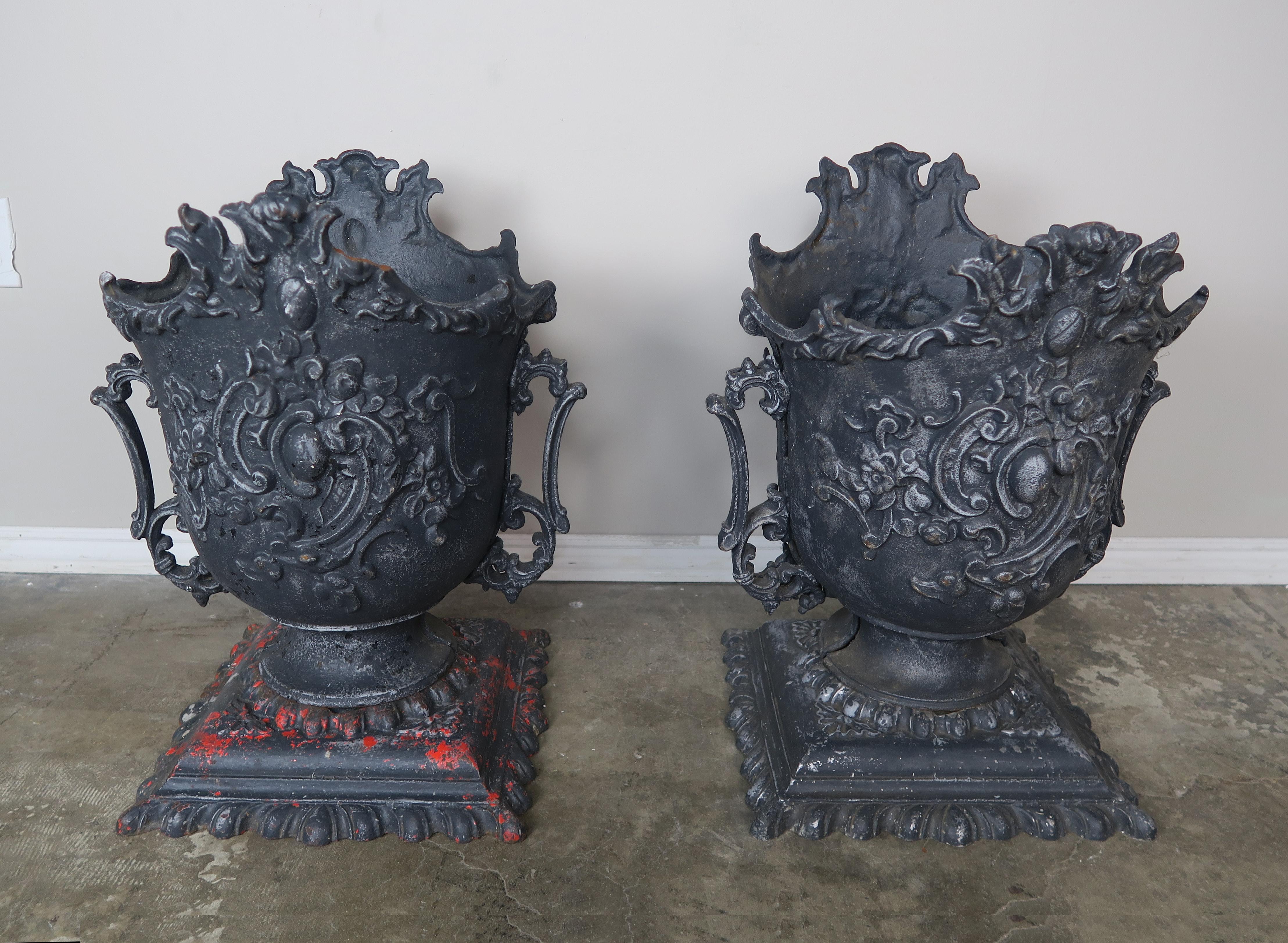 Pair of French Cast Iron Garden Planters, circa 1900 In Distressed Condition In Los Angeles, CA