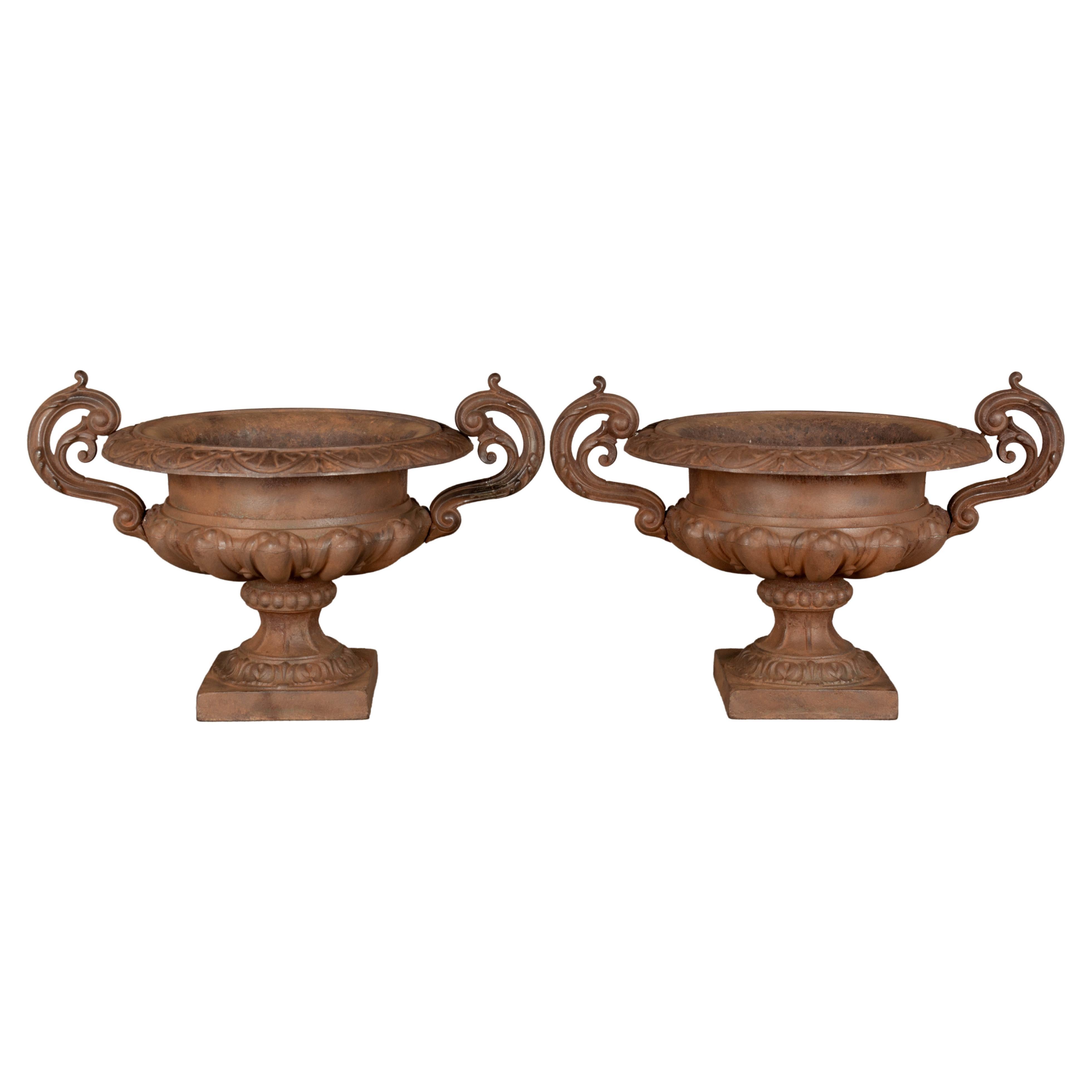 Pair of French Cast Iron Garden Urns