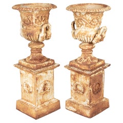 Pair of French Cast Iron Garden Urns on Plinth Base