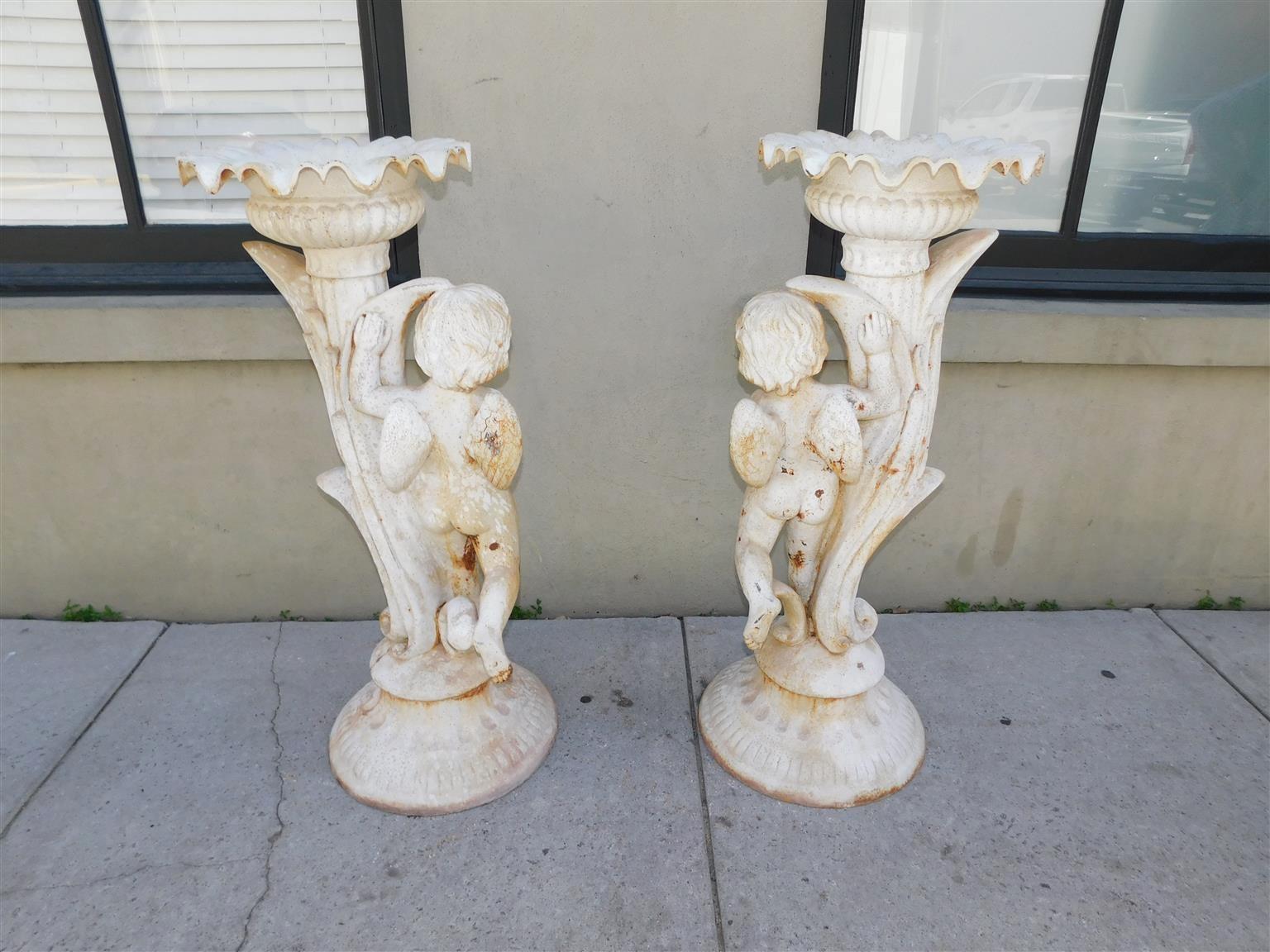 Pair of French Cast Iron Painted Cherub & Foliage Garden Torchieres, Circa 1820 For Sale 8