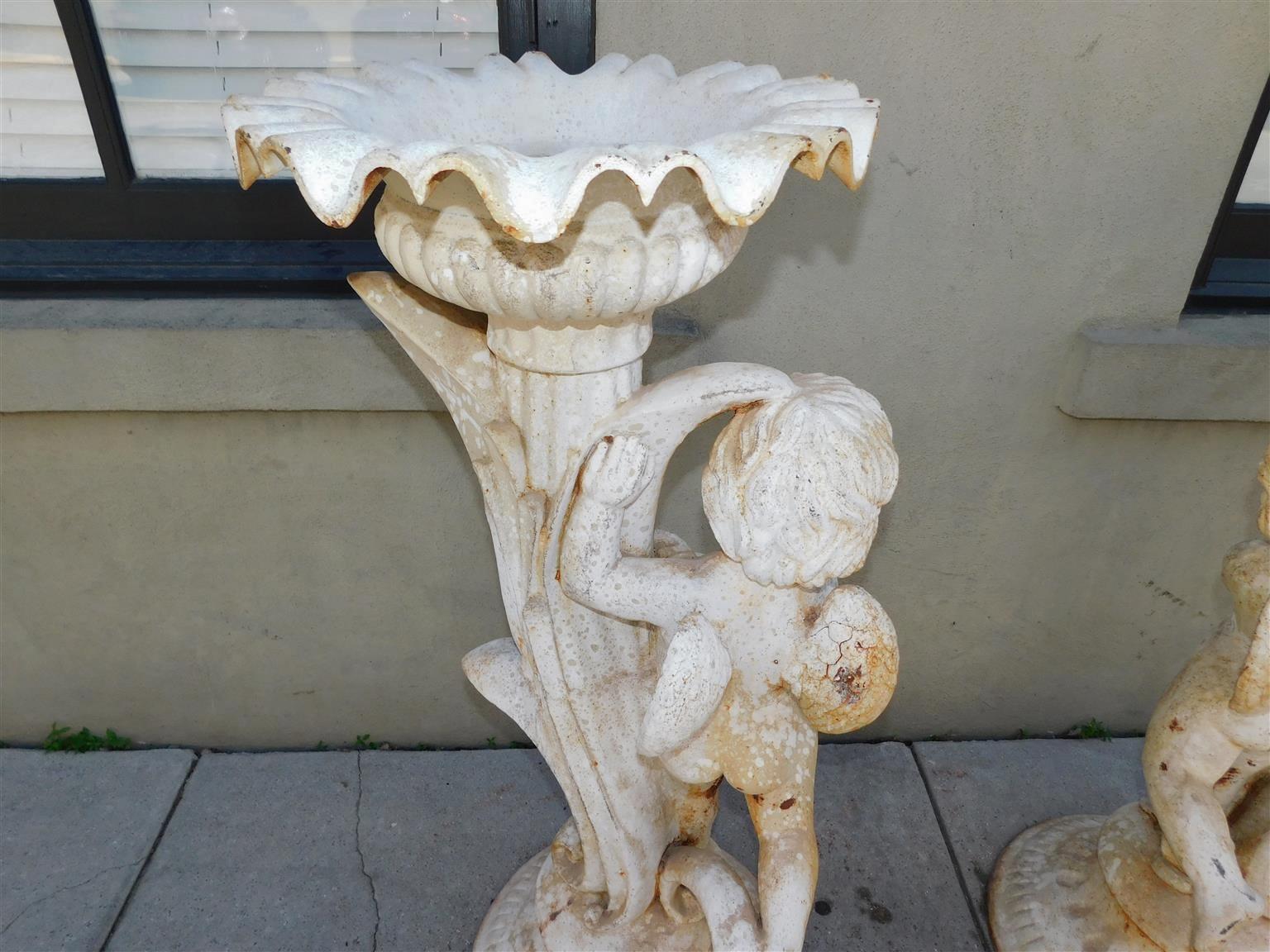 Pair of French Cast Iron Painted Cherub & Foliage Garden Torchieres, Circa 1820 For Sale 9