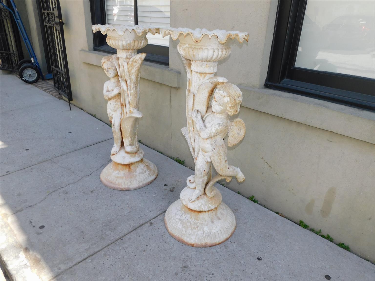 Louis Philippe Pair of French Cast Iron Painted Cherub & Foliage Garden Torchieres, Circa 1820 For Sale