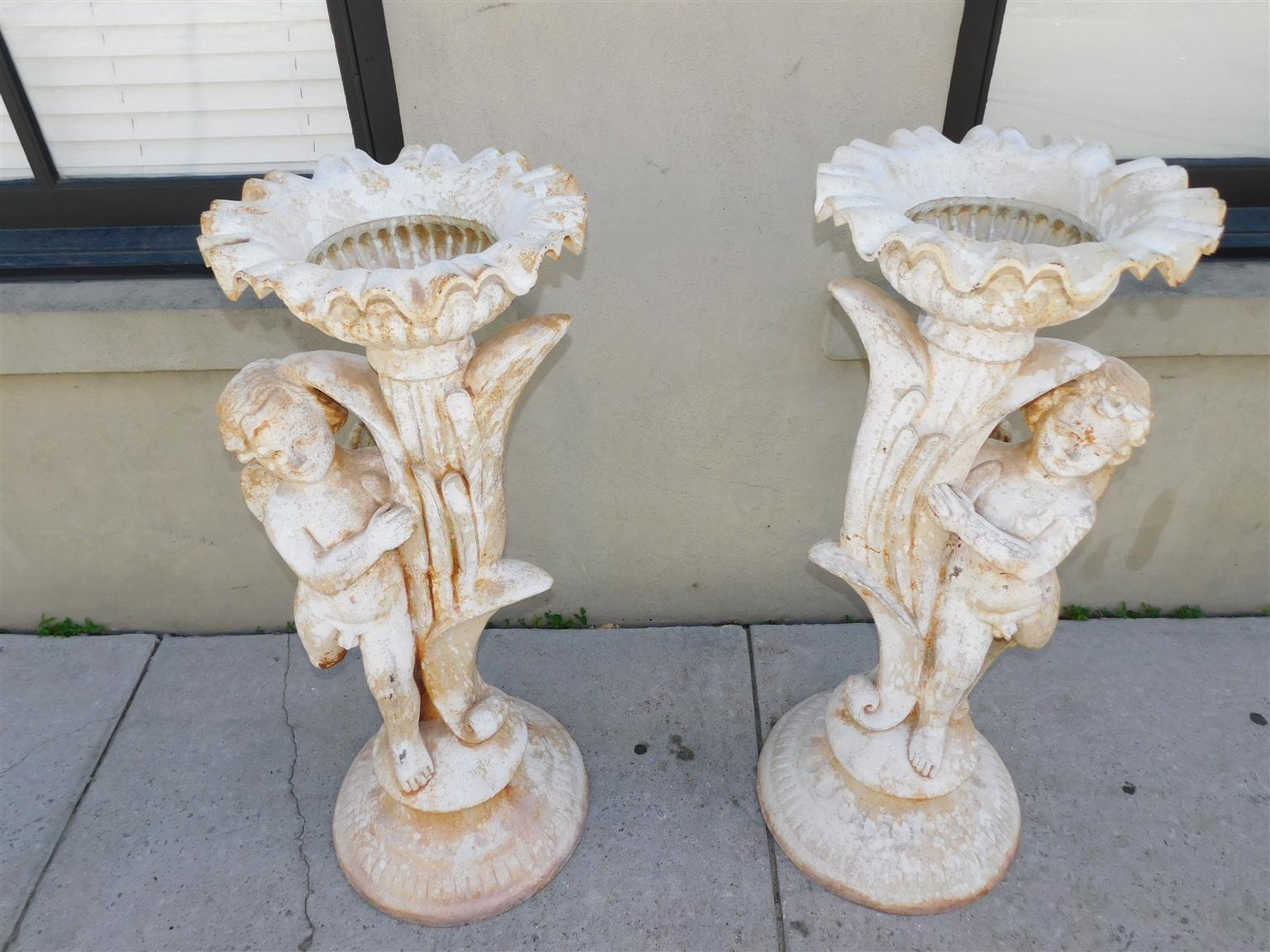 Pair of French Cast Iron Painted Cherub & Foliage Garden Torchieres, Circa 1820 In Good Condition For Sale In Charleston, SC