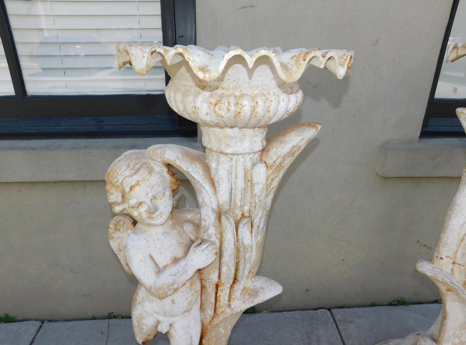 Early 19th Century Pair of French Cast Iron Painted Cherub & Foliage Garden Torchieres, Circa 1820 For Sale