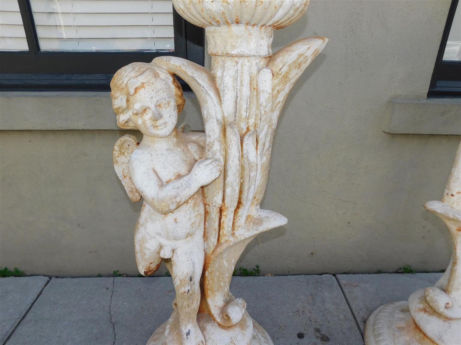Pair of French Cast Iron Painted Cherub & Foliage Garden Torchieres, Circa 1820 For Sale 1