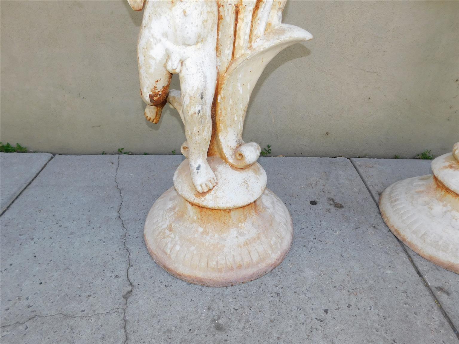 Pair of French Cast Iron Painted Cherub & Foliage Garden Torchieres, Circa 1820 For Sale 2